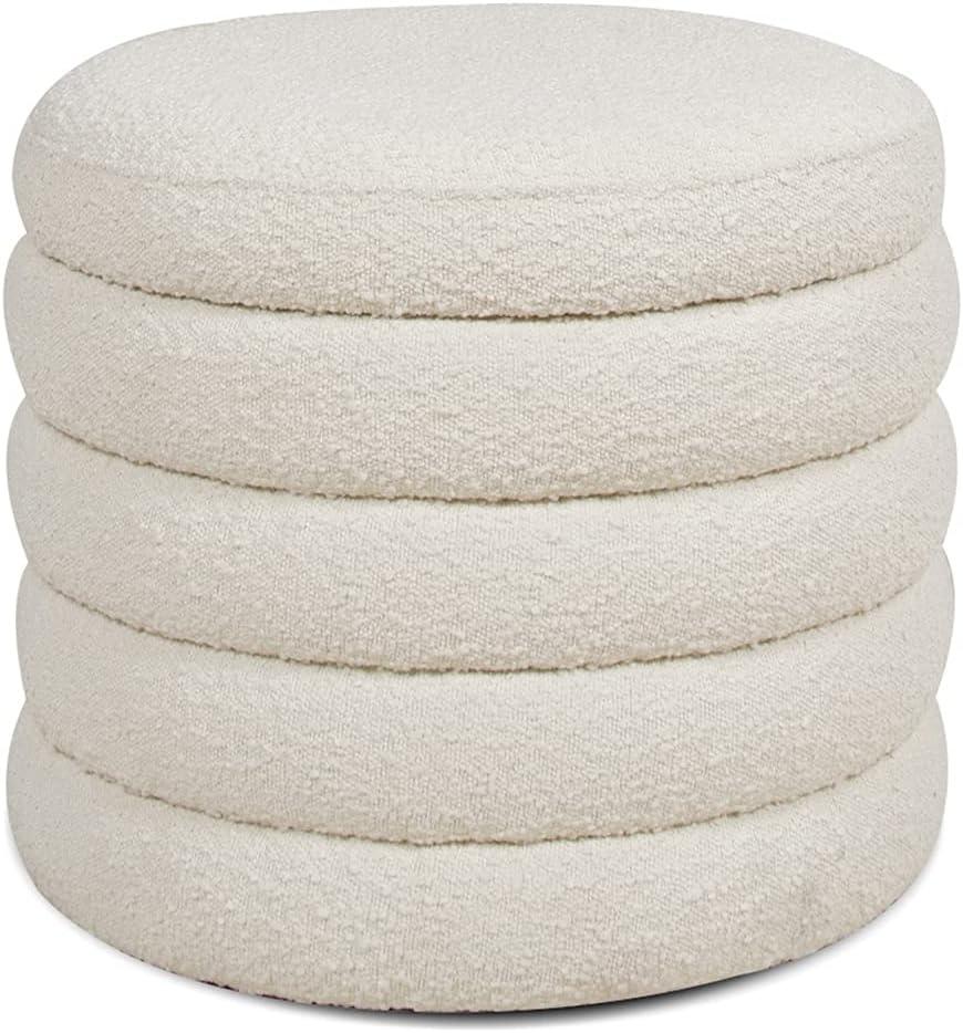 NicBex Modern 19" Round Storage Ottoman Wood Footstools with Boucle Fabric for Bedroom and Living Room, White