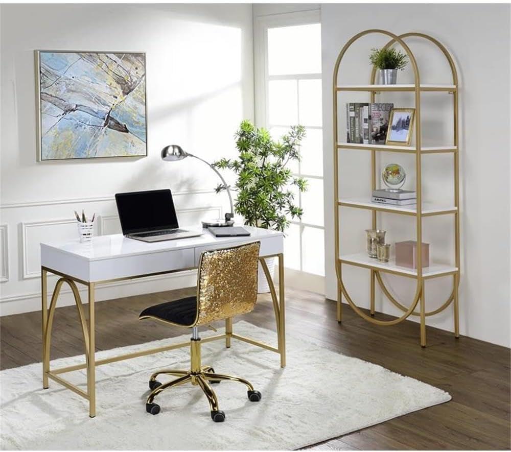 Light Mane Desk White High Gloss/Gold - Acme Furniture: 31" H, 2 Drawers, Metal Frame, 47" W