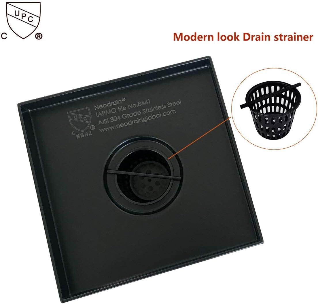 Neodrain 6-Inch Square Shower Drain with Removable Quadrato Pattern Grate,Brushed 304 Stainless Steel, with Watermark&CUPC Certified,Black