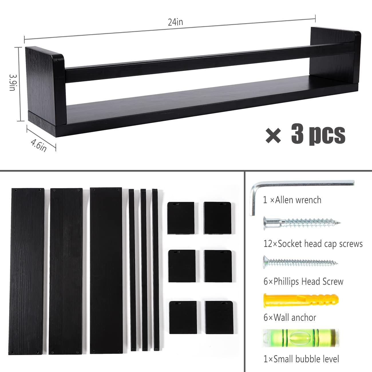 AZSKY Classic Nursery Book Shelves Black Wooden Floating Shelves Wall Bookshelf for Bathroom Decor Kitchen Spice Rack Organizer Kids Room 24 Inch Set of 3