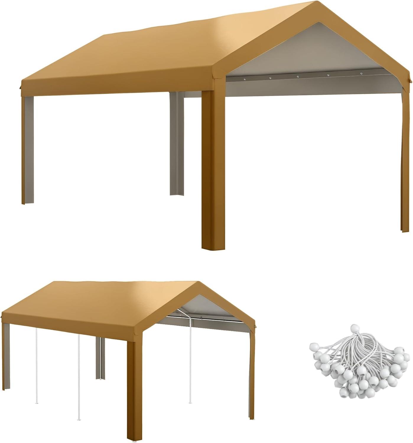 Outsunny 10' x 20' Carport Replacement Top Canopy Cover, UV and Water Resistant Portable Garage Shelter Cover with Ball Bungee Cords, Beige, Only Cover