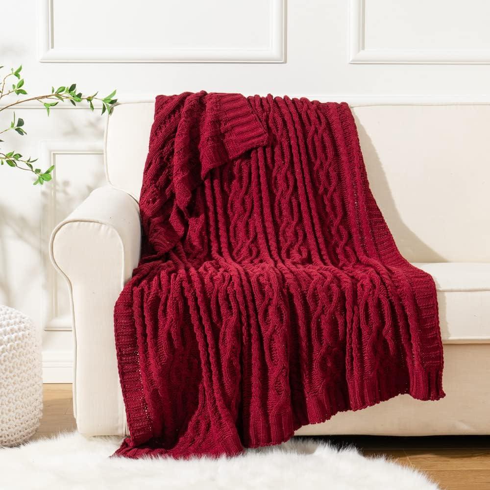 Battilo Dark Red Throw Blanket,Burgundy Cozy Woven Chenille Knit Throw Blankets,Christmas Decor,51"x67"