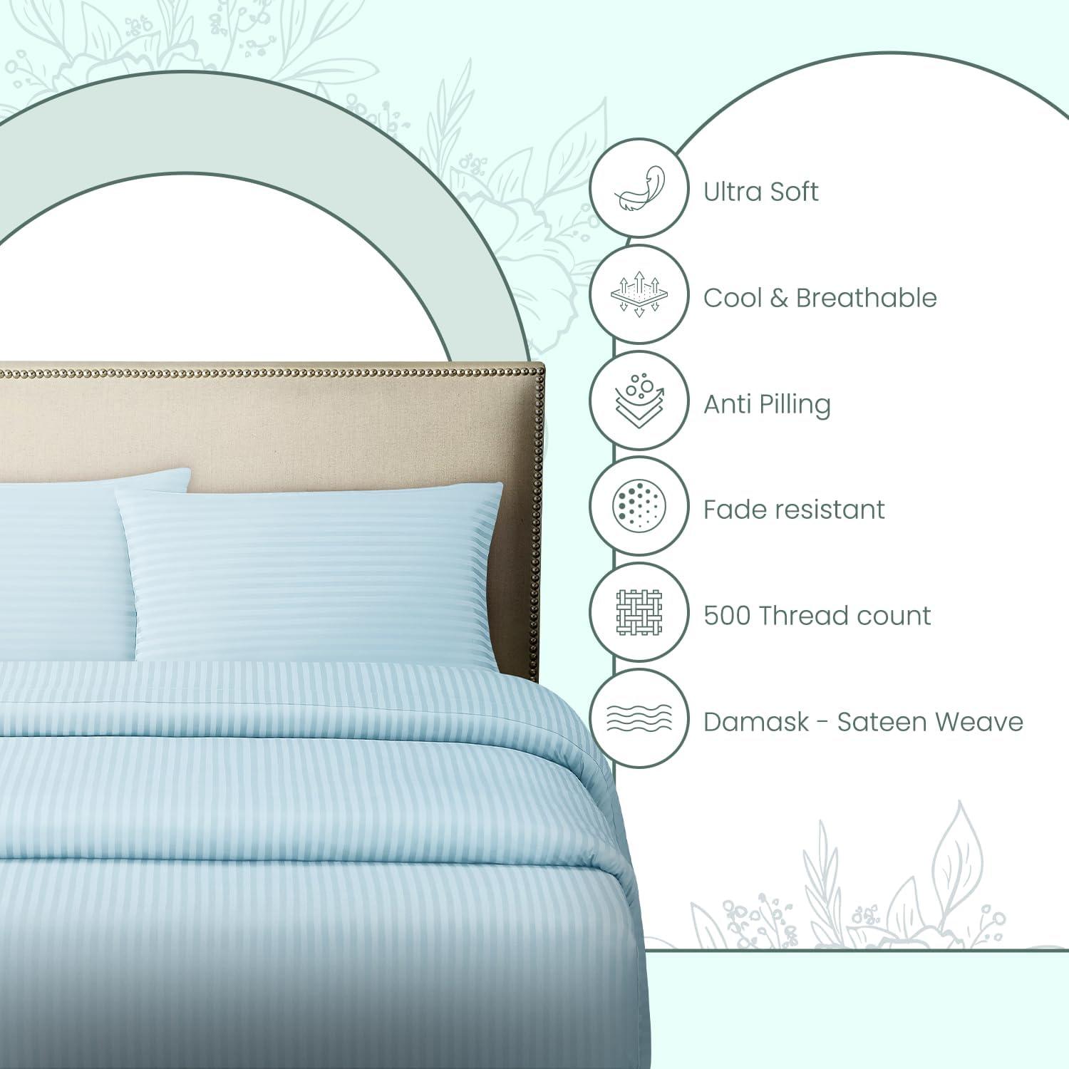 Feather & Stitch 500 TC Queen Size Damask Bed Sheet Set, 100% Cotton Soft Breathable Bedsheets, 4 Piece 18" Deep Pockets Sateen Weave Striped Bedding Mattress Resort Hotel Luxury- (Solid White, Queen)