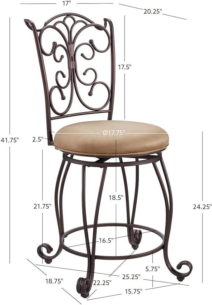 Linon Gathered Back Counter Stool, Brown, 24 inch Seat Height, Light Brown with Caramel Fabric