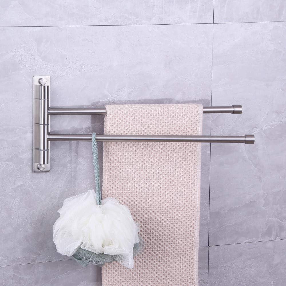 Stainless Steel Swing Out Towel Bar 2-Bar Folding Arm Swivel Hanger Bathroom Storage Organizer Rustproof Wall Mount Brushed Finish