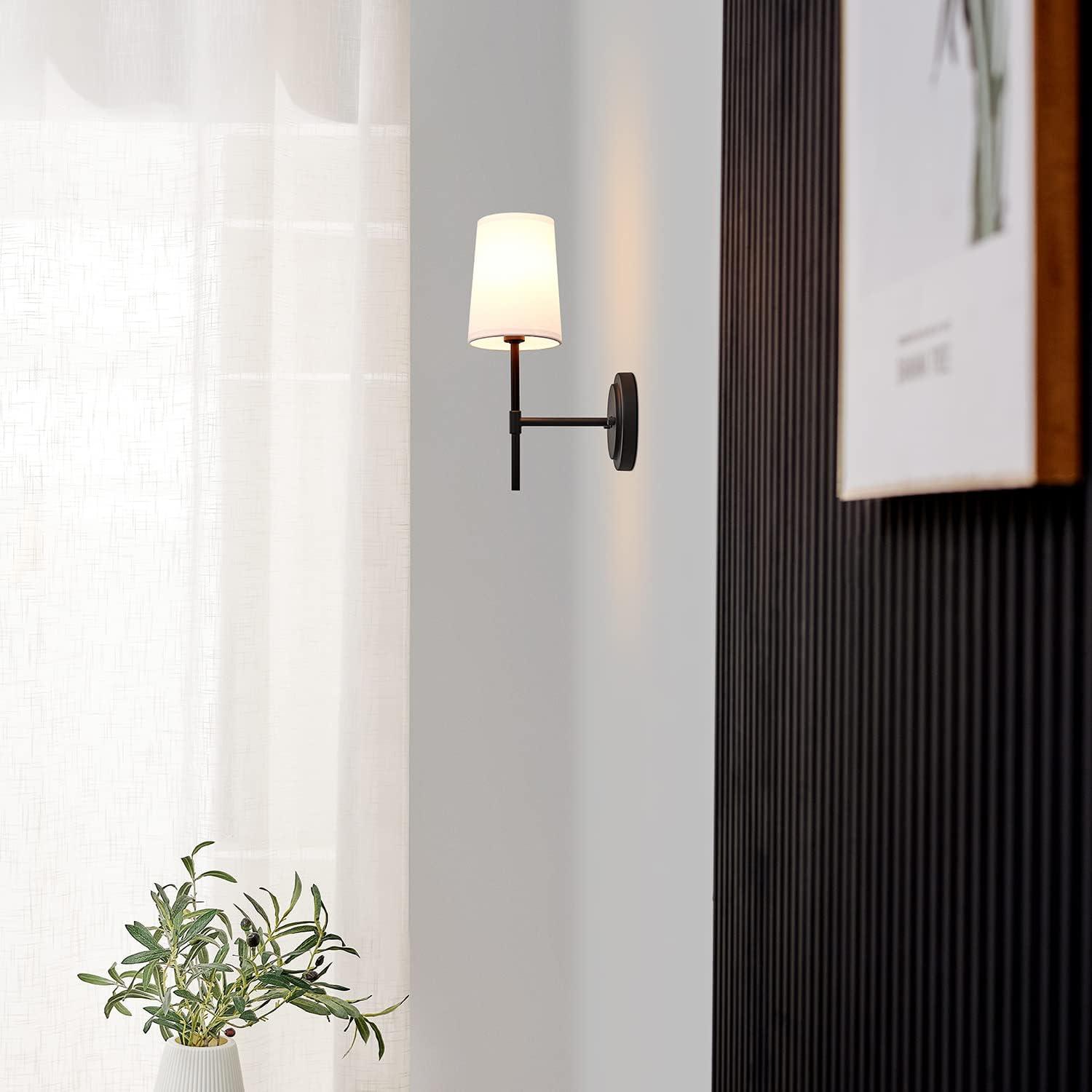 Matte Black Vintage Lantern Wall Sconce with White Fabric Shade