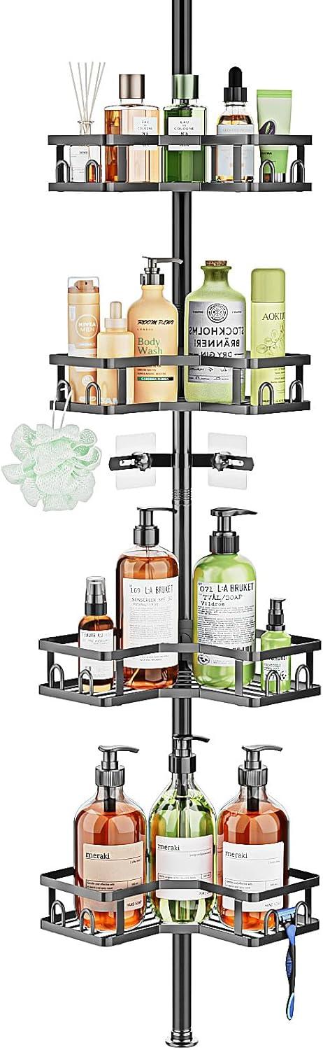 Corner Shower Caddy Tension Pole - 62-115INCH - 4-Tier Rustproof Bathroom Organizer Shelves, Adjustable Bathtub Tub Shampoo Storage