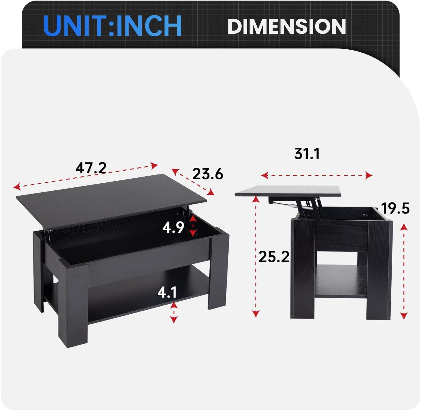 FDW Coffee Table Lift Top Coffee Tables with Hidden Compartment and Storage Shelf Wooden Lift Tabletop Dining Table for Living Room Home (Black)