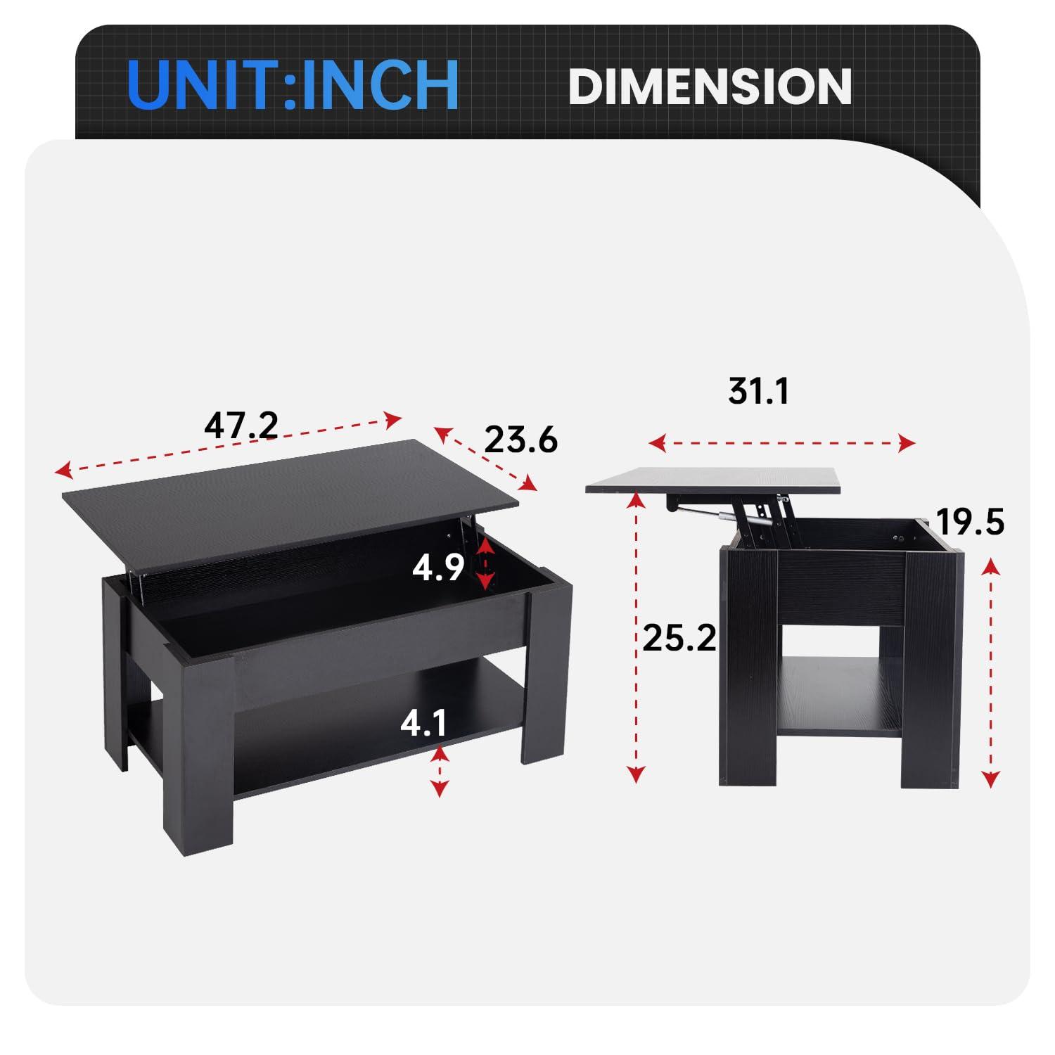 FDW Coffee Table Lift Top Coffee Tables with Hidden Compartment and Storage Shelf Wooden Lift Tabletop Dining Table for Living Room Home (Black)