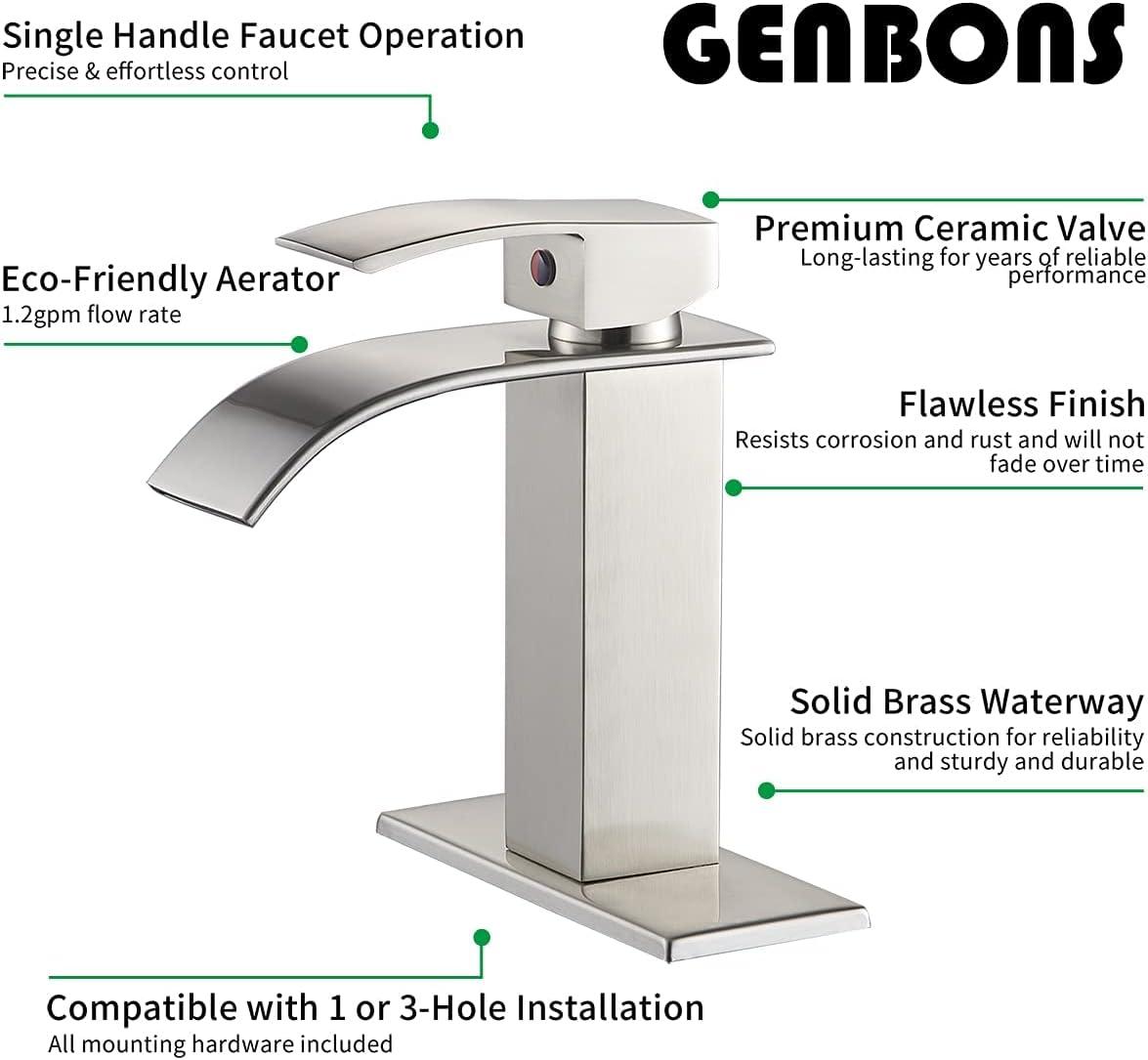 Waterfall Single Handle Bathroom Vanity Sink Faucet with Metal Pop-up Drain, Brushed Nickel Finish