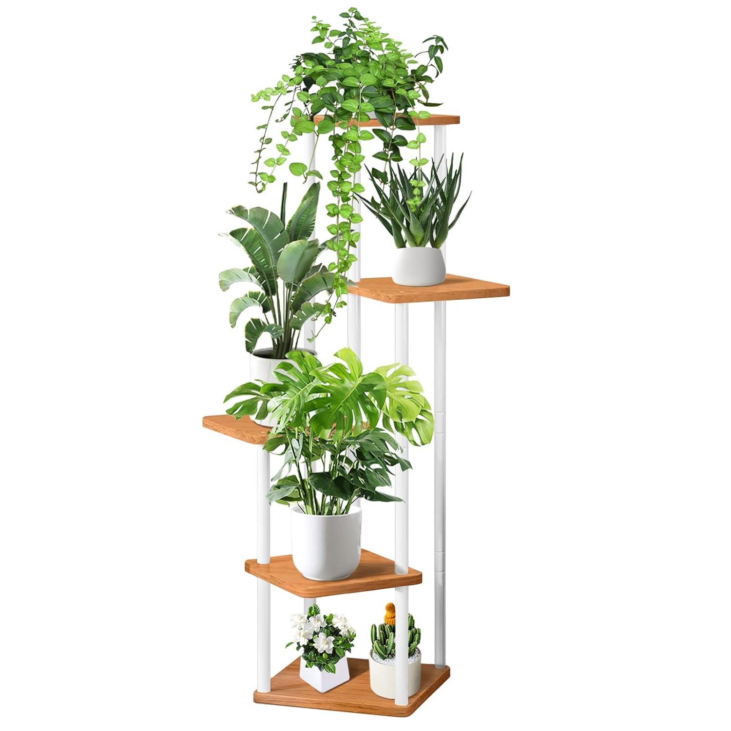 5 Tier Wood Tall Plant Stand Metal Rack Indoor, Multiple Flower Pot Holder Shelves Corner Rack, Planter Shelf Display Rack Storage Organizer for Patio Living Room Balcony Garden(White)