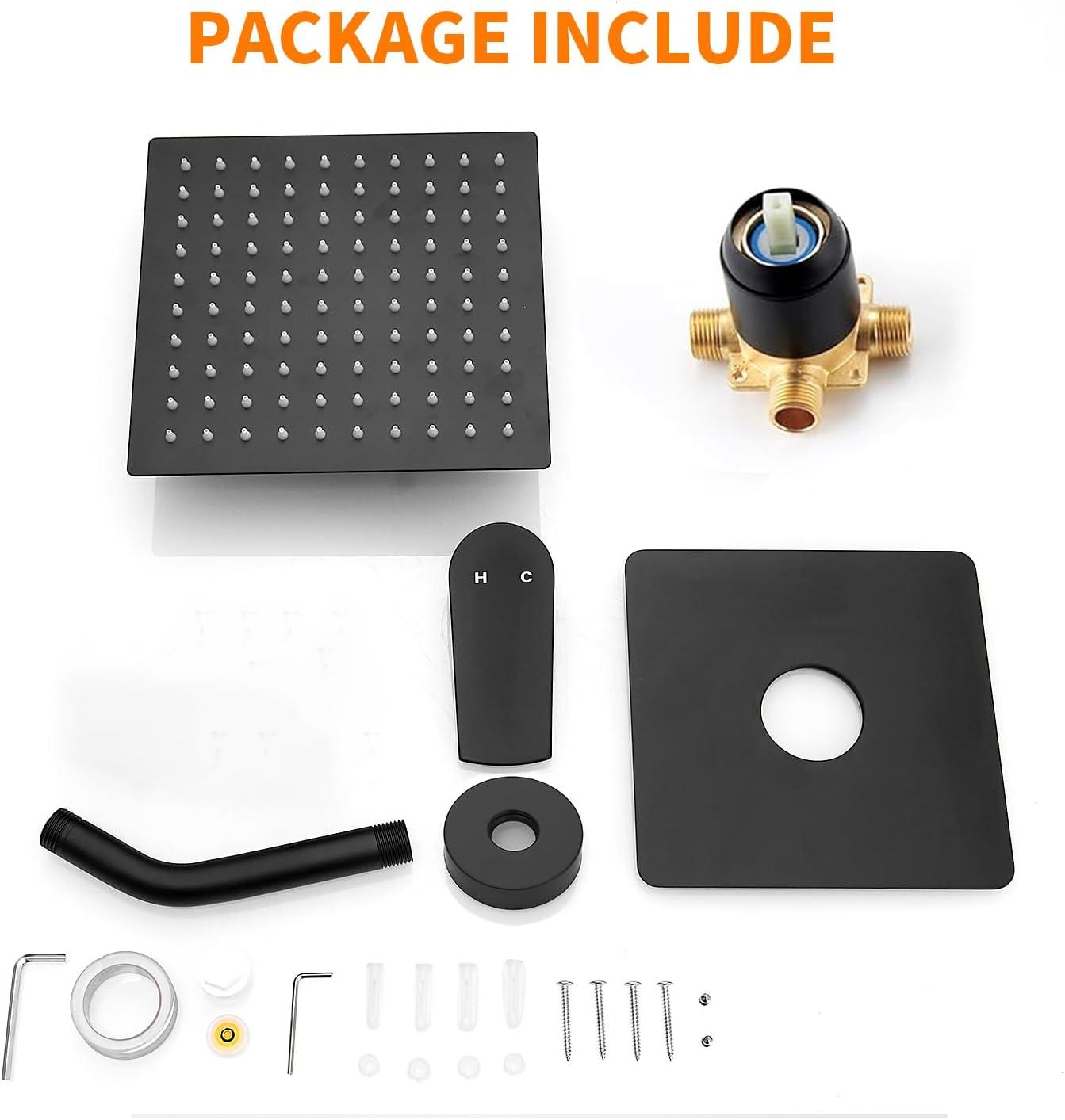 Black Shower Faucet Shower Trim Kit with Mixer Valve 8in Rain Shower Head Combos