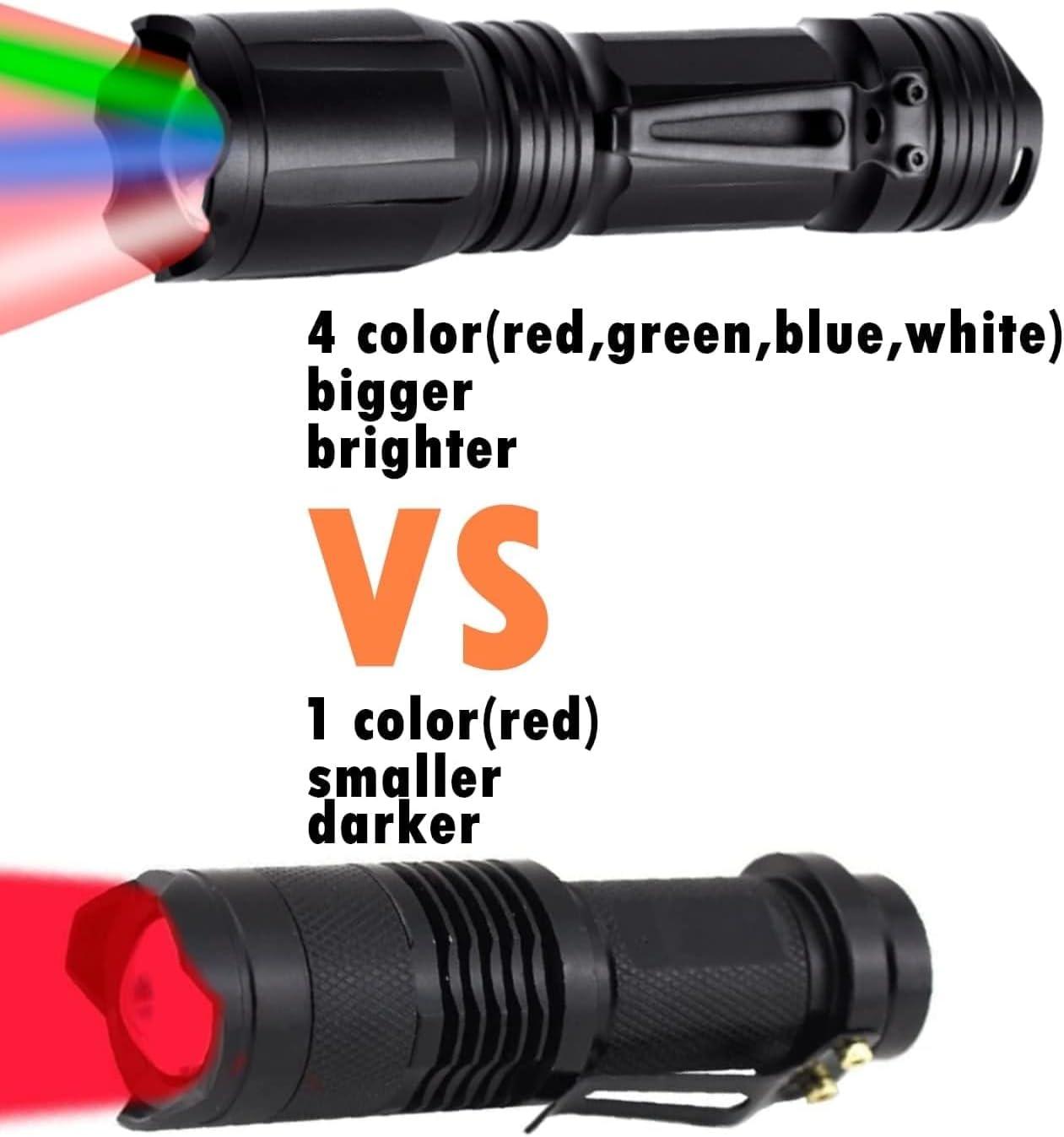 Upgraded Zoomable Red Flashlight, 4 Color in 1 Flash Light, Green Red Blue White Multi-Color RGBW Led with Memory for Night Vision, Fishing, Astronomy(Batteries Not Included)