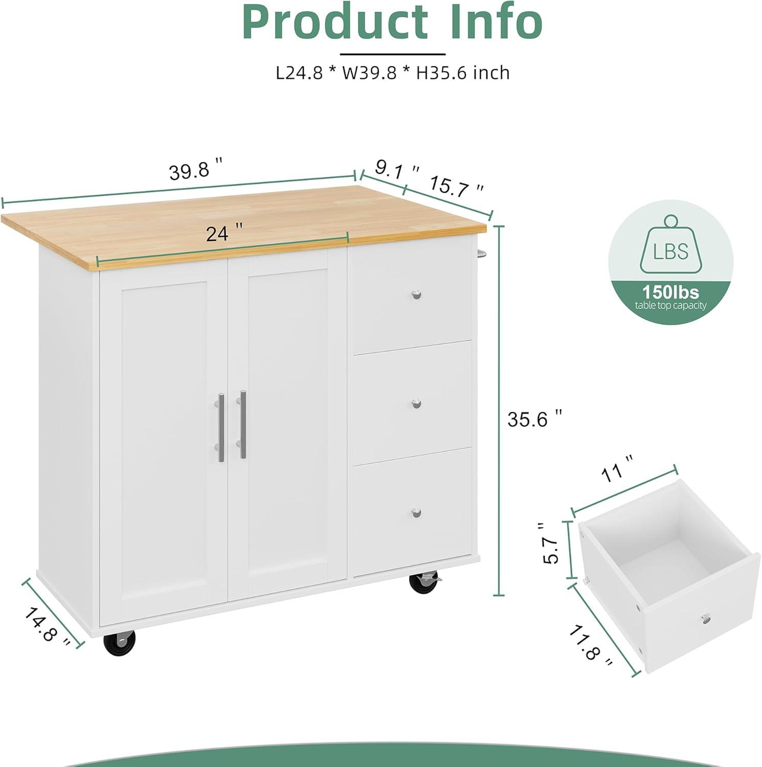 Shintenchi Rolling Kitchen Island Cart with Folding Drop Leaf Breakfast Bar, Portable Trolley Island with Large Storage Cabinet, Shelf and Drawer, White