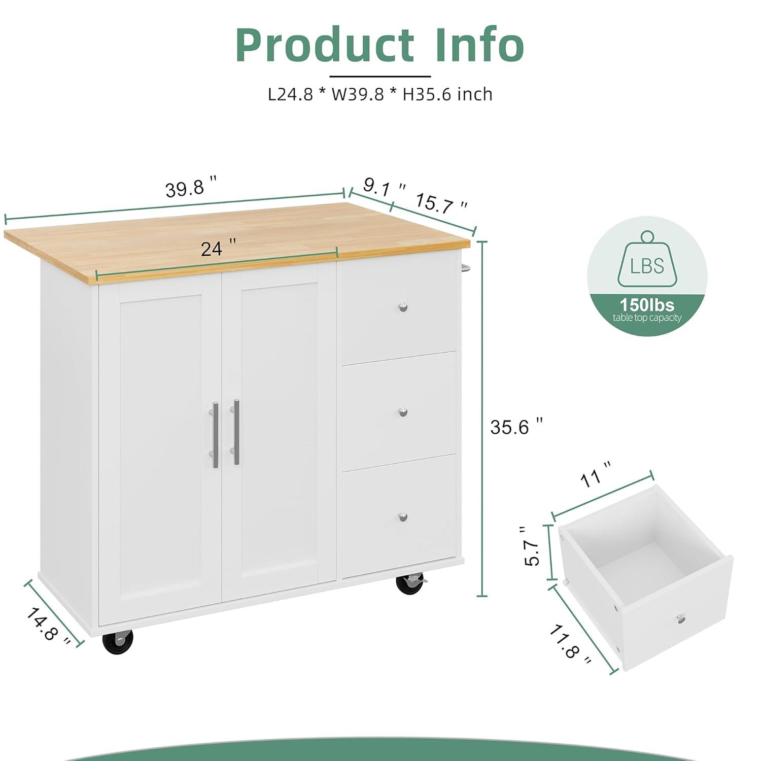 Sobaniilo Small Kitchen Island on Wheels with 3-Tier Side Spice Rack and Rubber Wood Top, Trolley Cart with Storage Cabinet & Drawer and Handle/Towel Rack, White