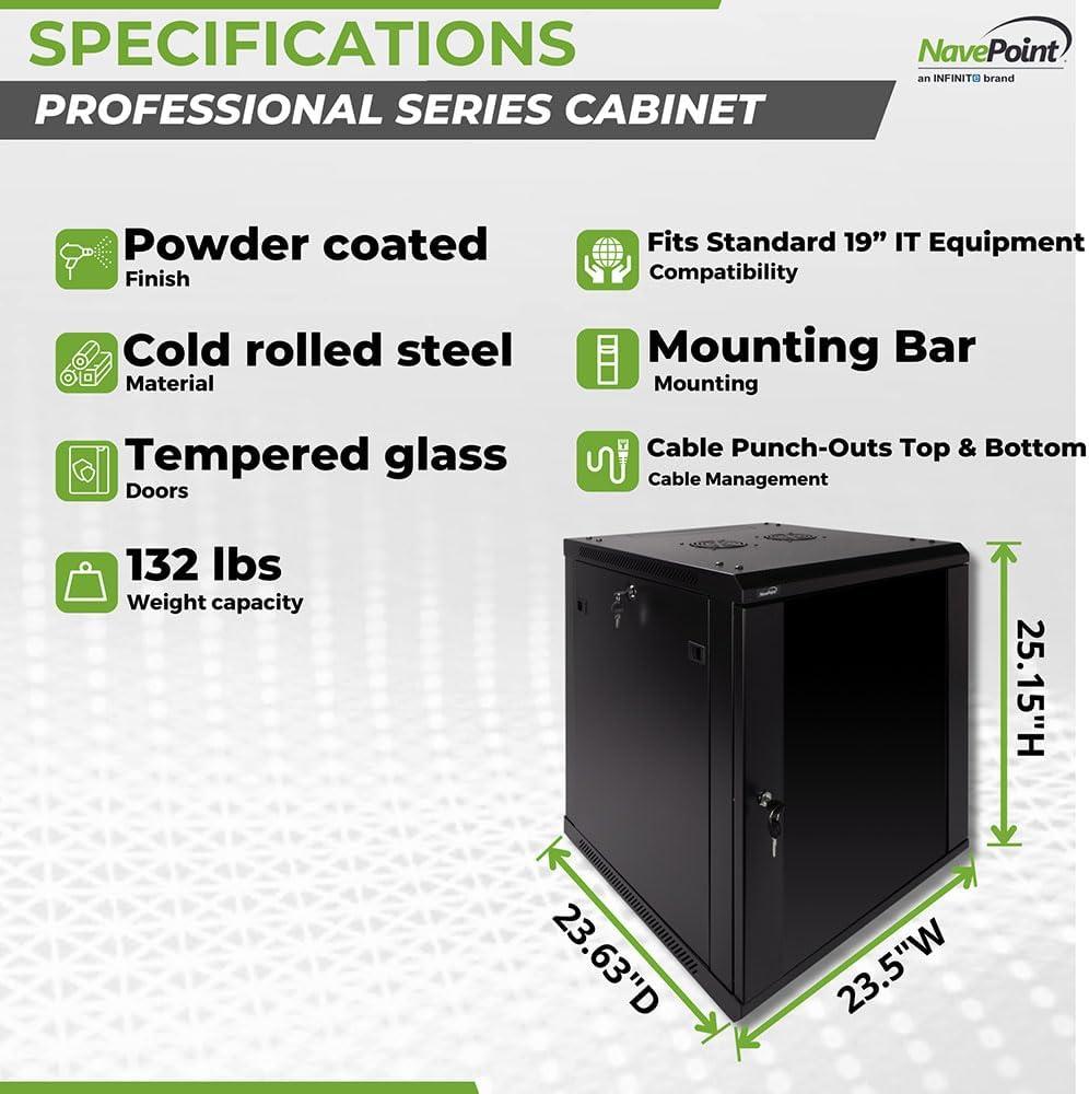 NavePoint 12U Server Rack Enclosure - 23.6” Deep, 12U Wall Mount Network Cabinet with Locking Glass Door for 19” IT Equipment, 12U Network Rack with 2 Fans, Removable Side Panels, Black