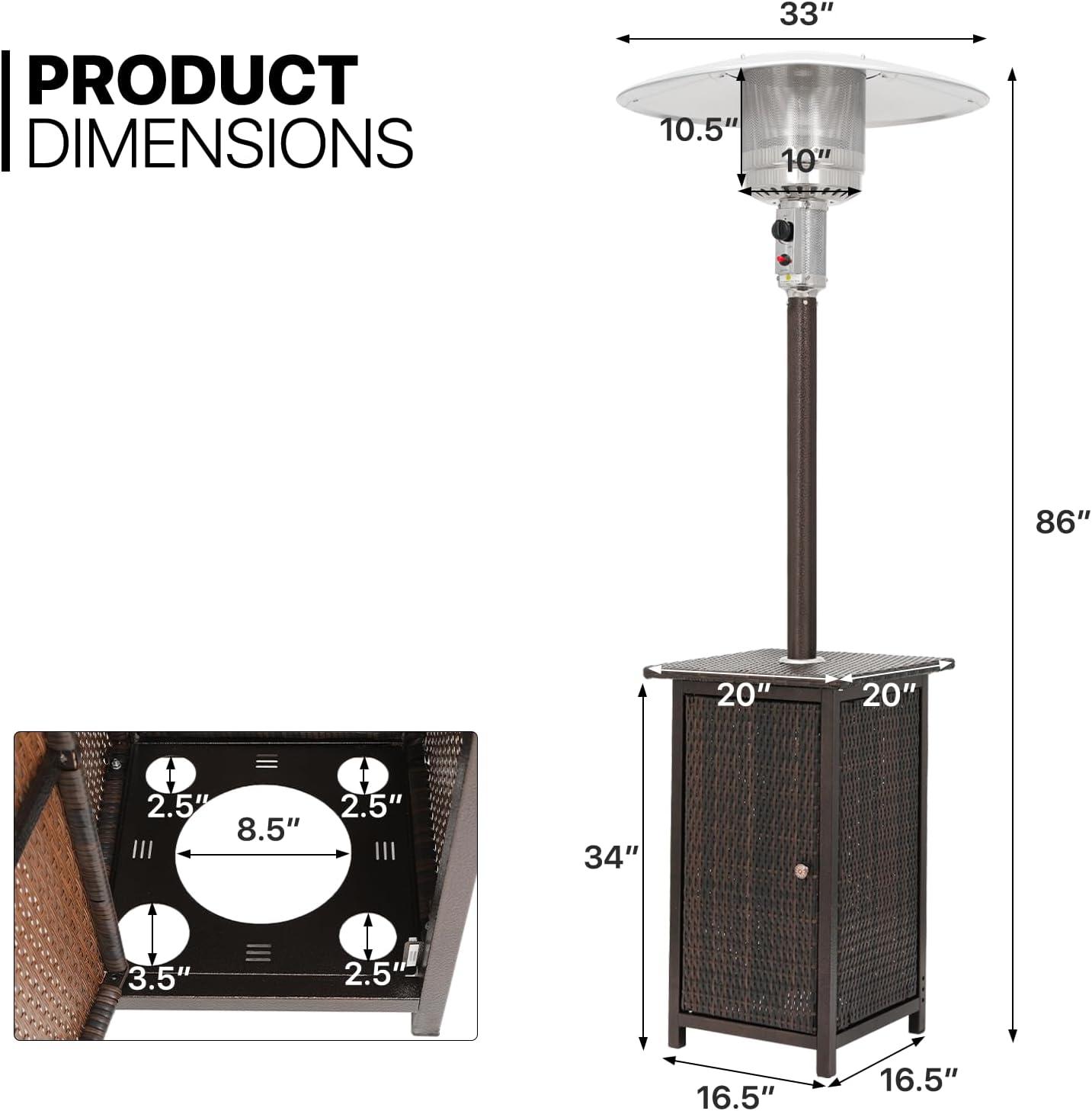 MoNiBloom Outdoor Patio Heater, 48,000 BTU Gas Propane Standing Patio Heater with Table Top for Commercial & Residential Use, Brown