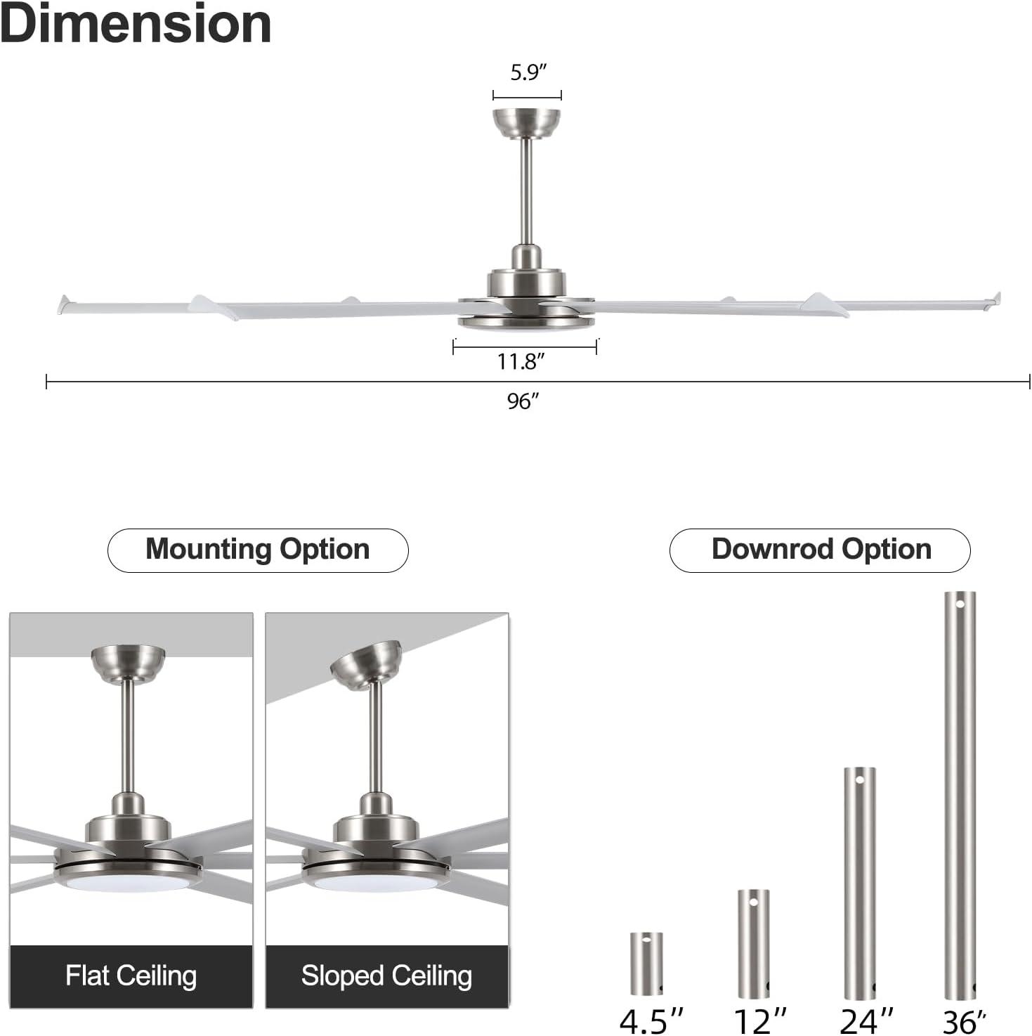 96" Industrial Ceiling Fan with Light and Remote Control, 6-Speed Noiseless Reversible DC Motor, 6 Durable Aluminum Double-Layer Blades Large Ceiling Fan for Home or Commercial Silver