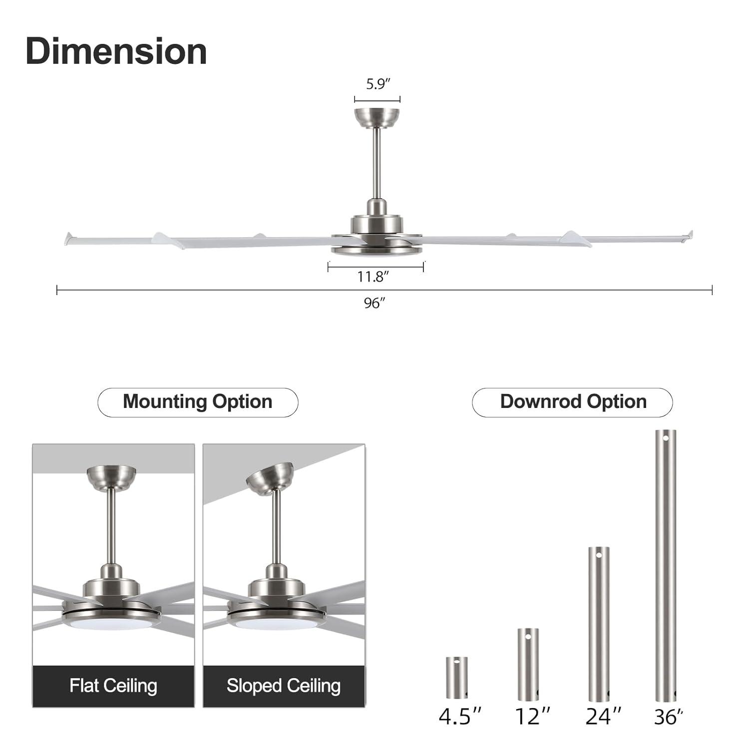 96" Industrial Ceiling Fan with Light and Remote Control, 6-Speed Noiseless Reversible DC Motor, 6 Durable Aluminum Double-Layer Blades Large Ceiling Fan for Home or Commercial Silver
