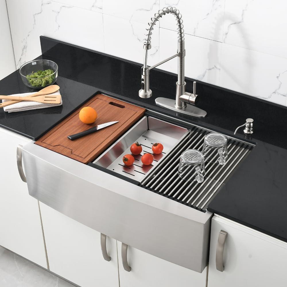 33-Inch Brushed Stainless Steel Farmhouse Drop-In Sink with Accessories