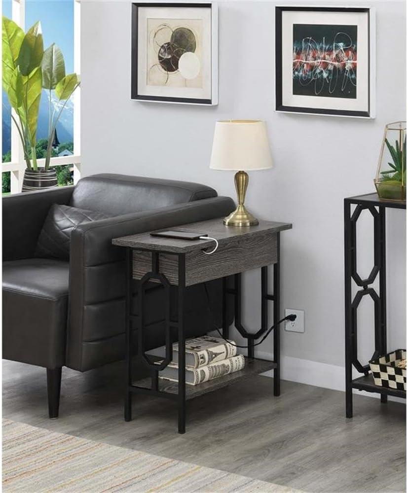 24 in. Omega Flip Top End Table with Charging Station, Weathered Gray Wood & Black