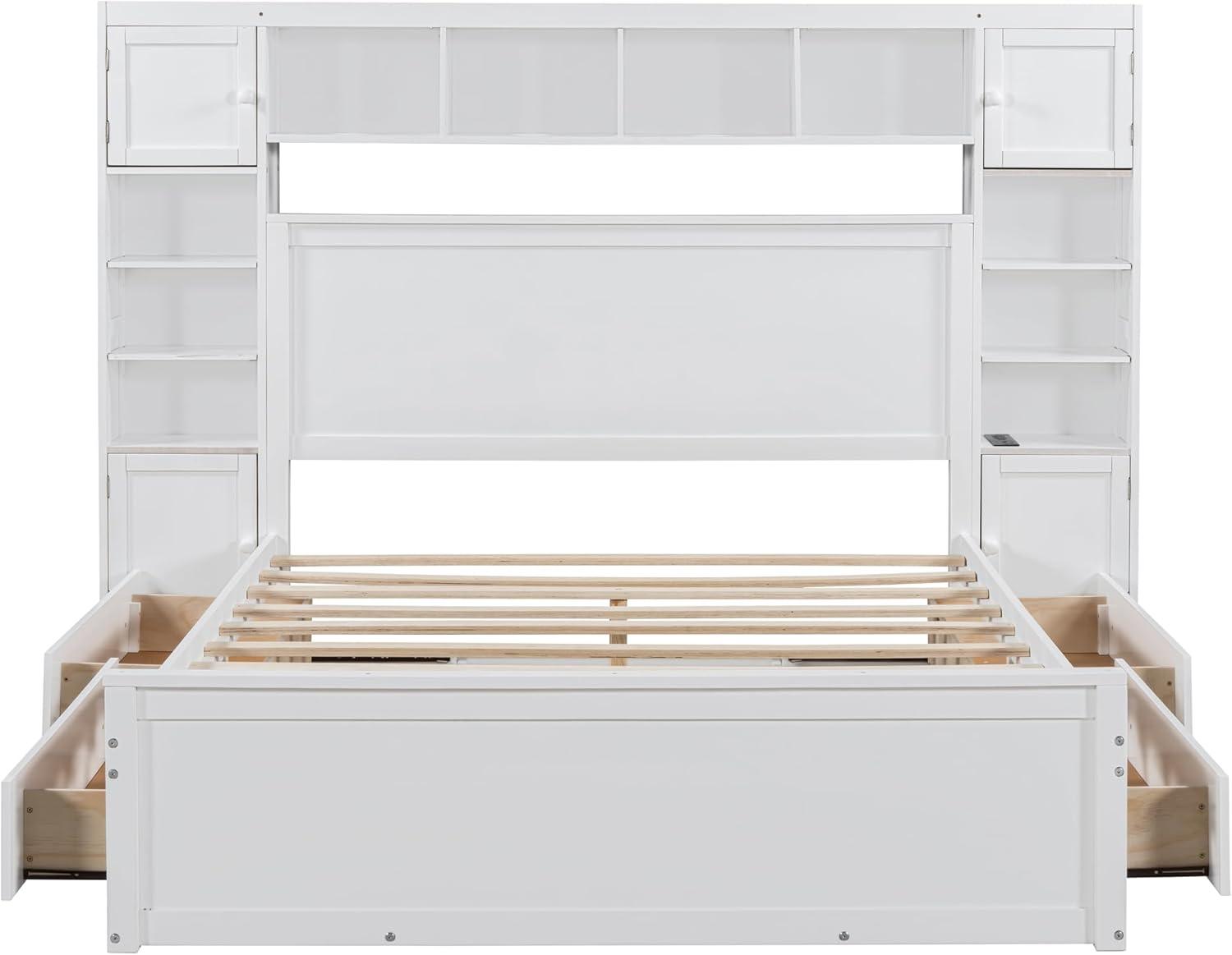 Merax Queen Size Platform Bed with 4 Drawers, Wooden Queen Bed with All-in-One Cabinet, Shelf and Sockets, White