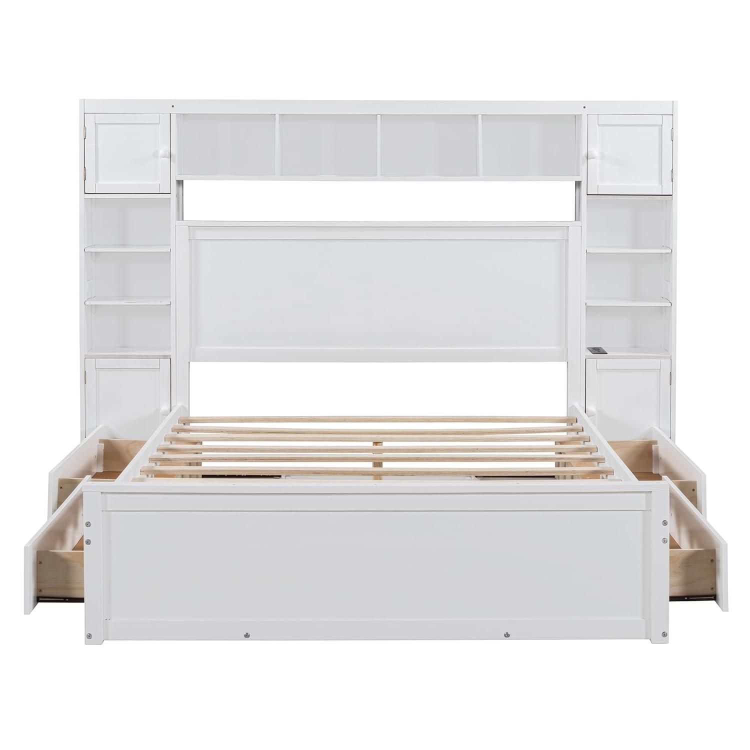 Merax Queen Size Platform Bed with 4 Drawers, Wooden Queen Bed with All-in-One Cabinet, Shelf and Sockets, White