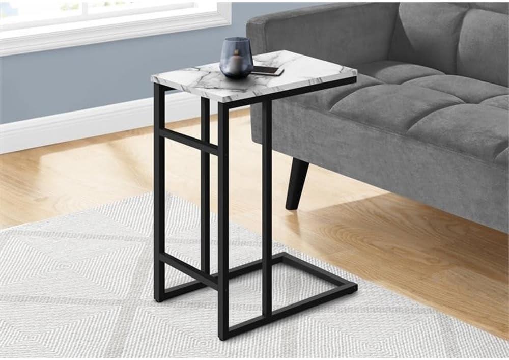 Monarch Specialties Accent Table, C-shaped, End, Side, Snack, Living Room, Bedroom, White Marble Look Laminate, Black Metal, Contemporary, Modern
