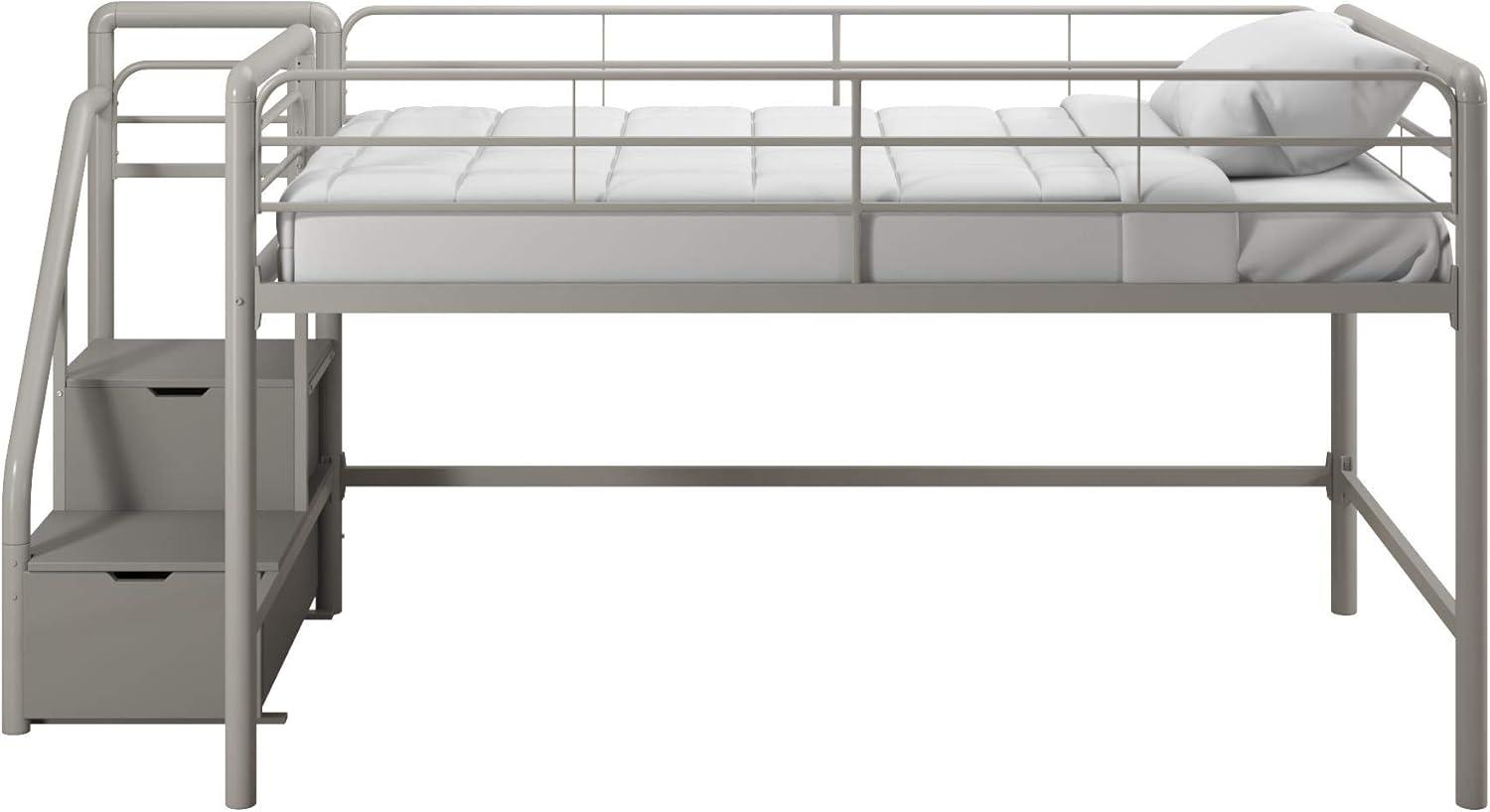 DHP Sol Junior Twin Metal Loft Bed with Storage Steps, Silver