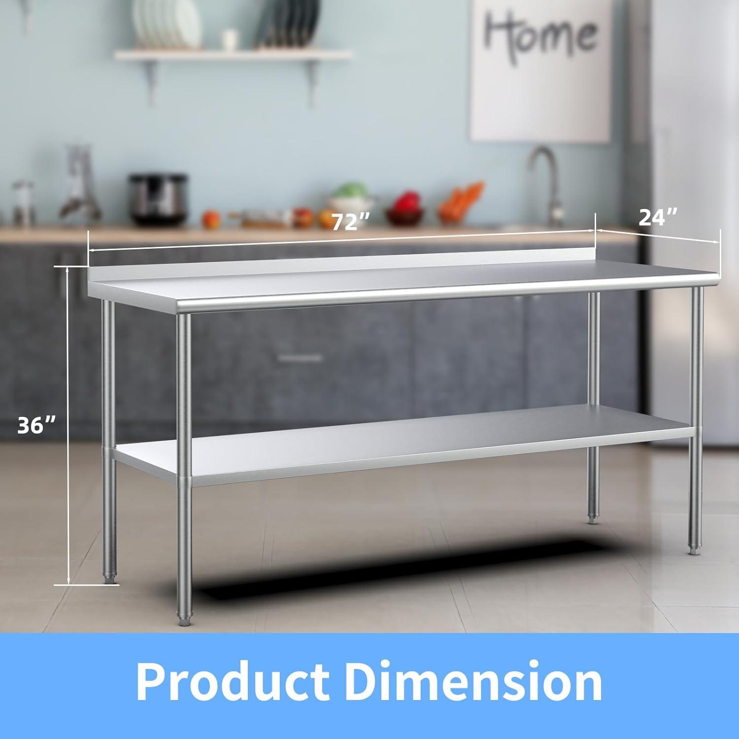 72-Inch Stainless Steel Work Table with Adjustable Undershelf and Backsplash