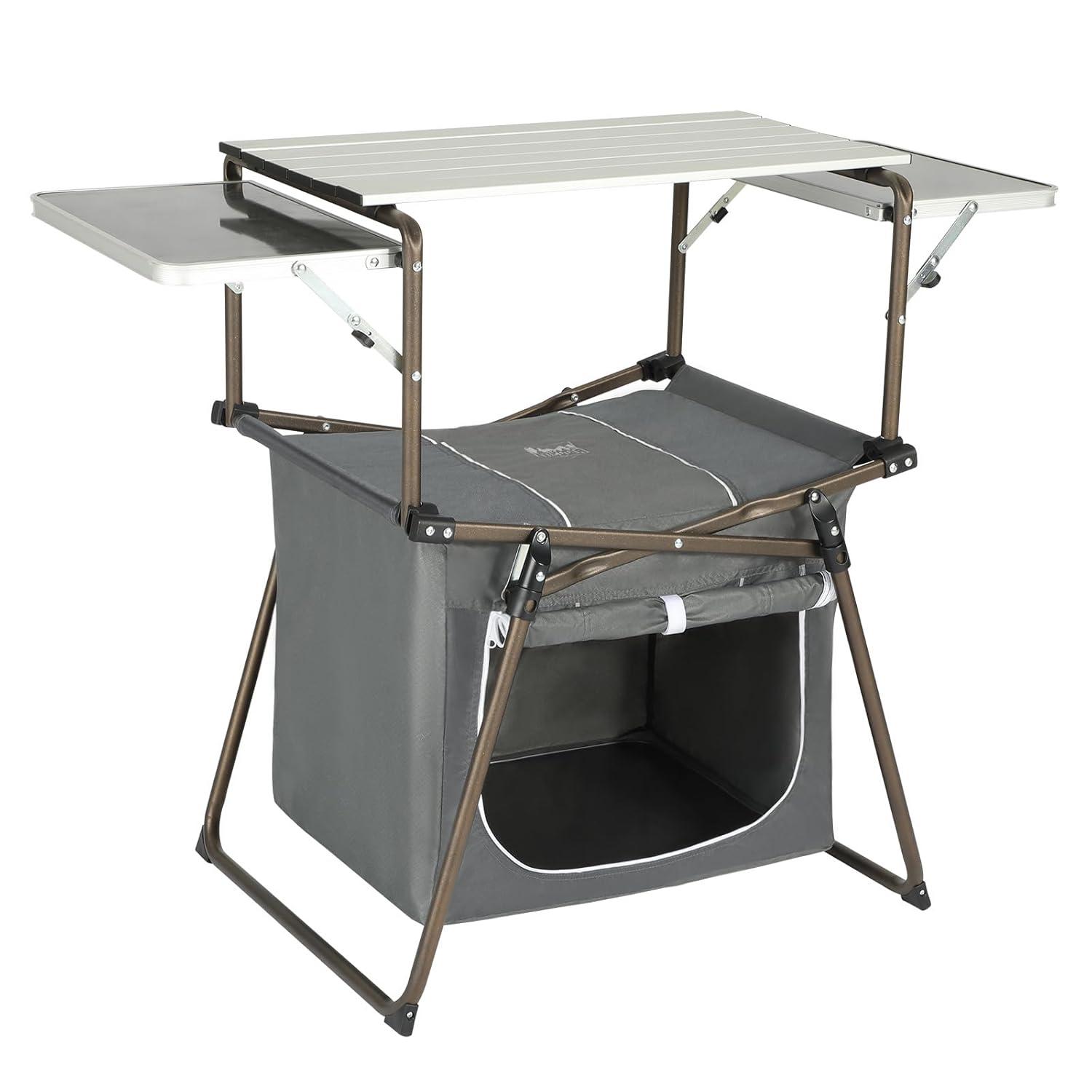 TIMBER RIDGE Folding Camping Kitchen Table – Lightweight Aluminum Cook Station with Storage & Carry Bag, Portable BBQ Grill Table, Gray.