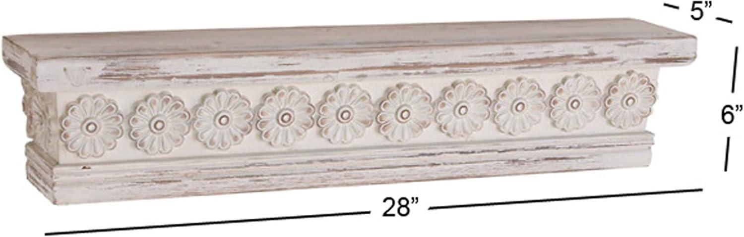 DecMode 28" x 5" Intricate Carved 1-Tier White Floral Wall Shelf