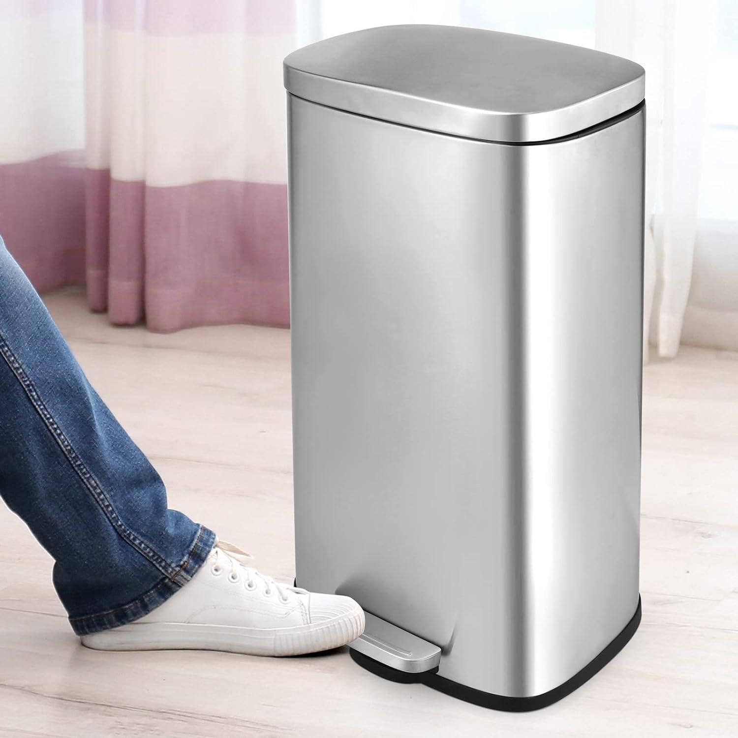 Brushed Stainless Steel 8 Gallon Step Trash Can with Soft-Close Lid