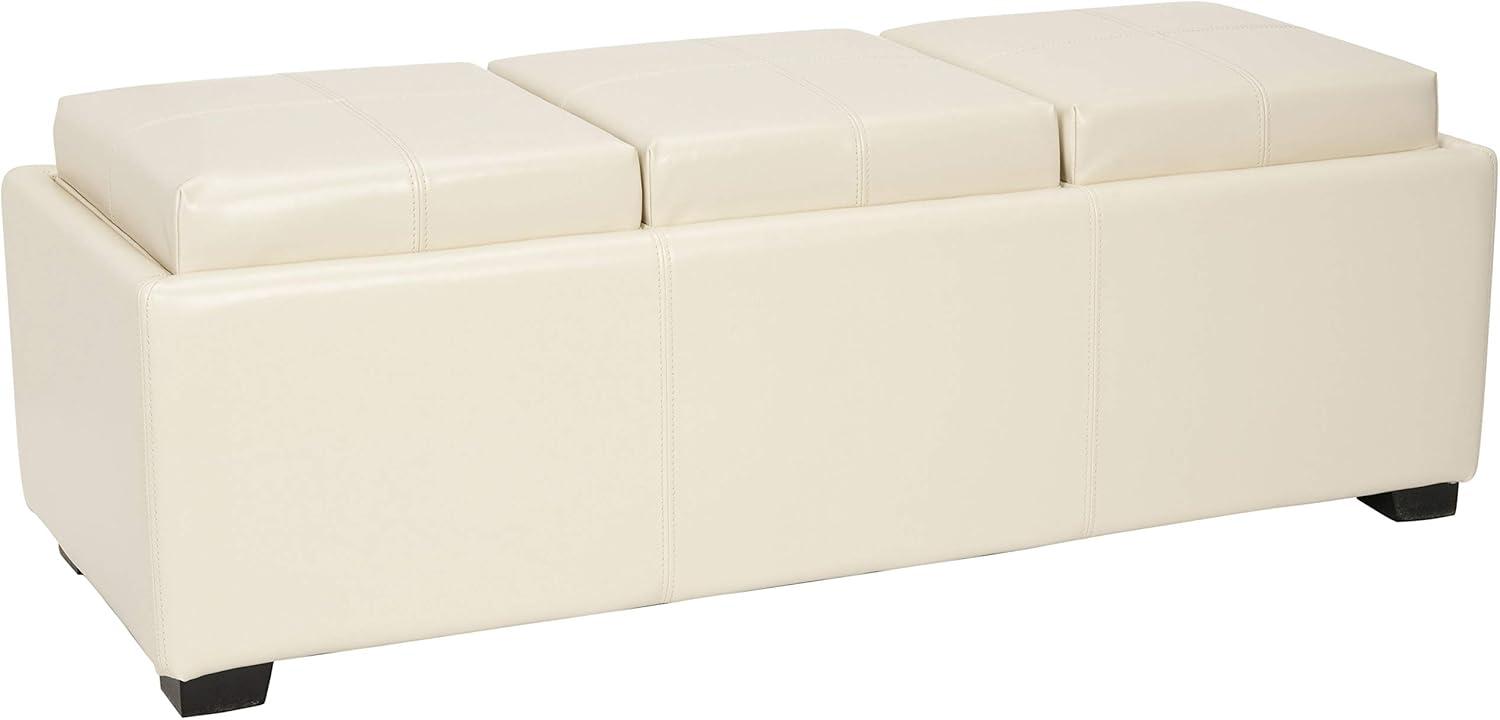 Flat Cream Leather Triple Tray Ottoman with Birch Wood