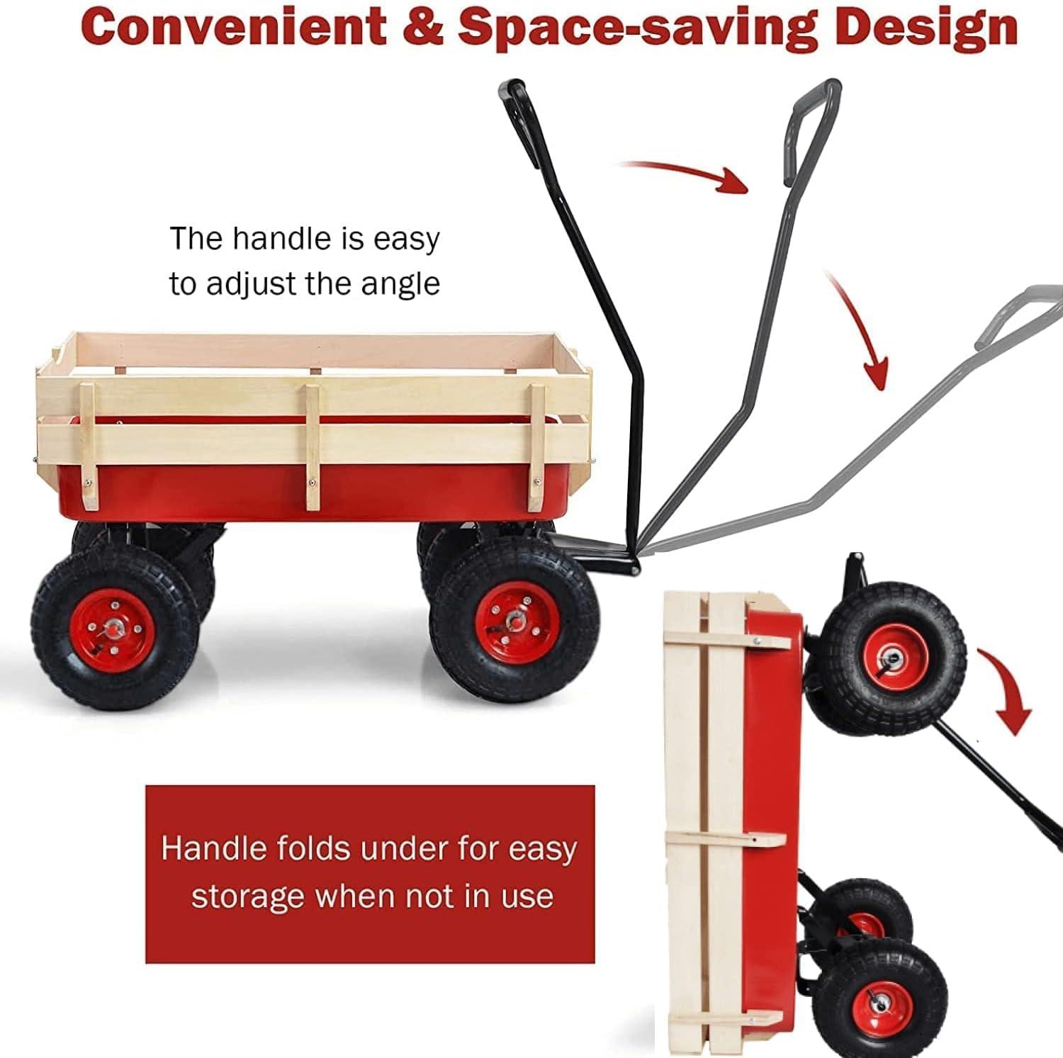 All Terrain Wagons for Kids Wagon with Removable Wooden Side Panels, Garden Wagon with Steel Wagon Bed, Folding Wagons for Kids/ Pets with Pneumatic Tires, Red