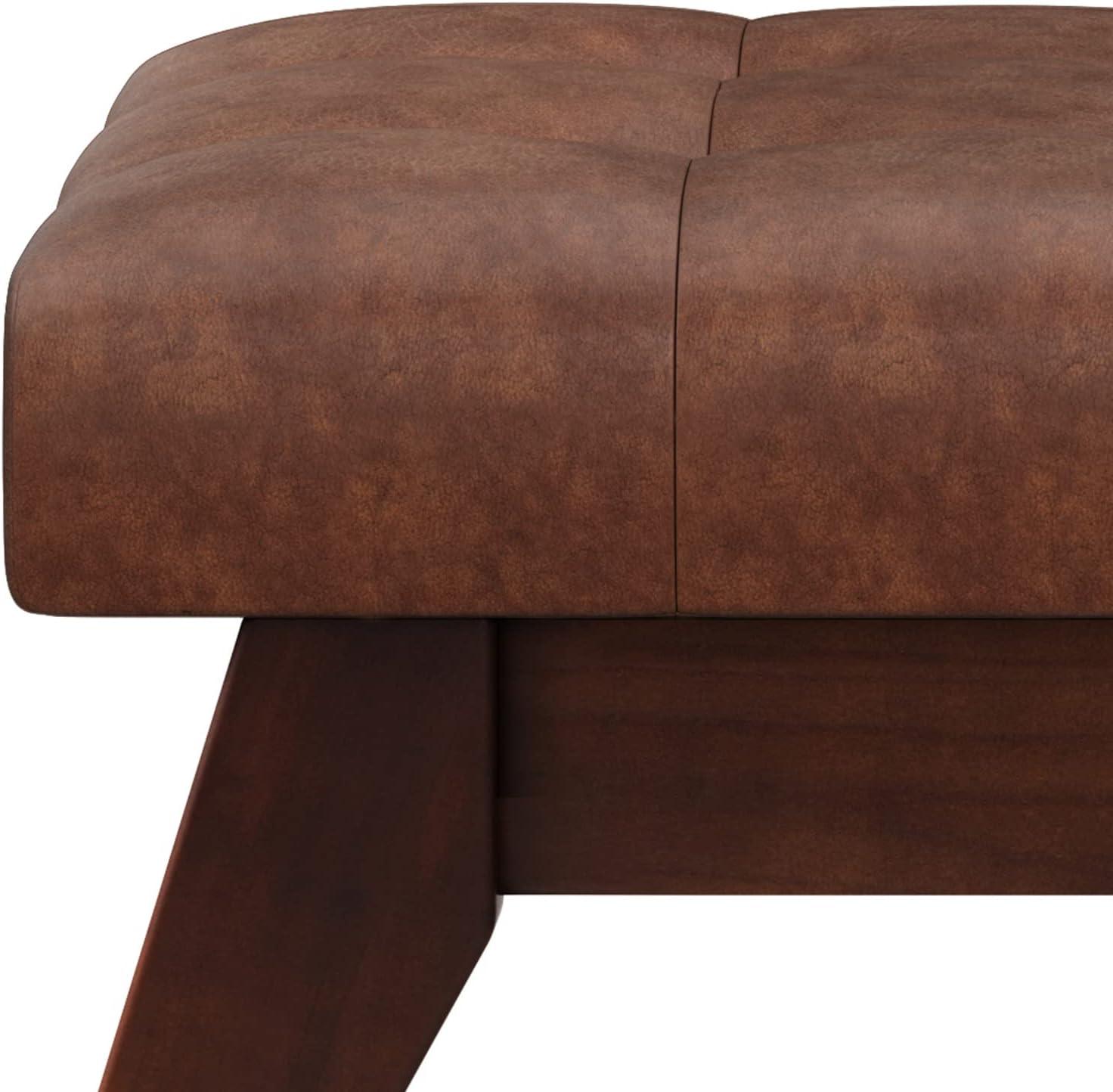 Simpli Home Draper 40 inch Wide Mid Century Modern Rectangle Tufted Ottoman Bench in Distressed Saddle Brown Faux Leather