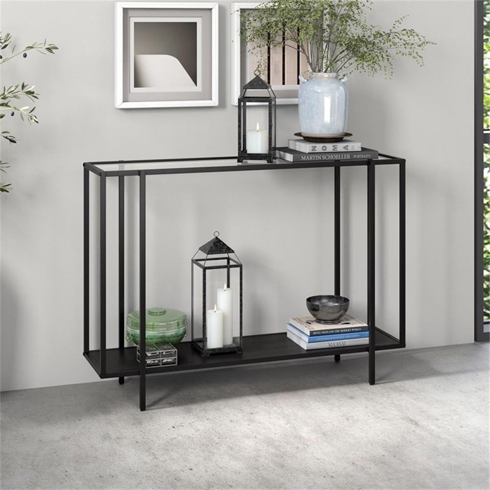 Evelyn&Zoe Vireo 42" Wide Rectangular Console Table with Metal Shelf, Blackened Bronze