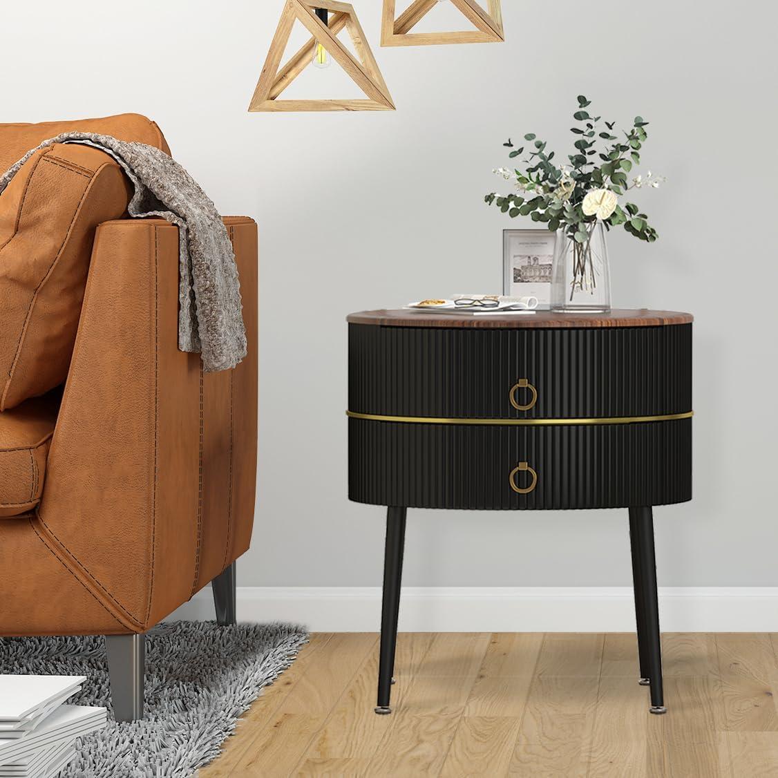 Drevy Black Round Side Table for Living Room, Modern End Table with 2 Drawers, Metal Legs Nightstand for Bedroom, Black & Brown