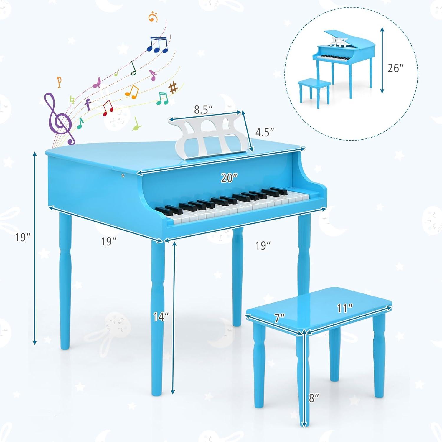Costway 30-Key Classic Baby Grand Piano Toddler Toy Wood with Bench & Music Rack Blue