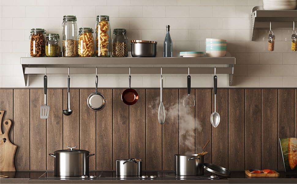 Towallmark Stainless Steel Shelf, NSF Commercial Shelf Wall Mounted, Wall Shelf Floating Shelving for Restaurant, Kitchen, Home, Hotel, 48 x 12 Inches Flat Surface with 7 Hooks