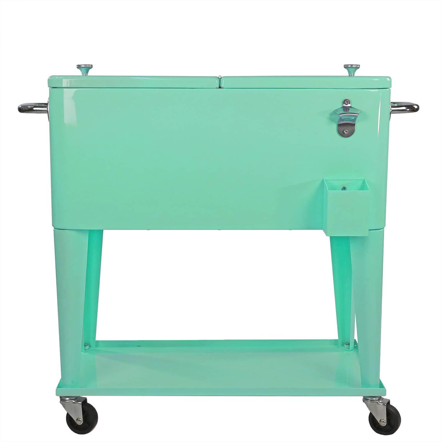 80 Qt. Retro Rolling Cooler Ice Chest Cart with Shelf & Bottle Opener - Great for Outdoors, Patios, Decks, Parties, Backyards