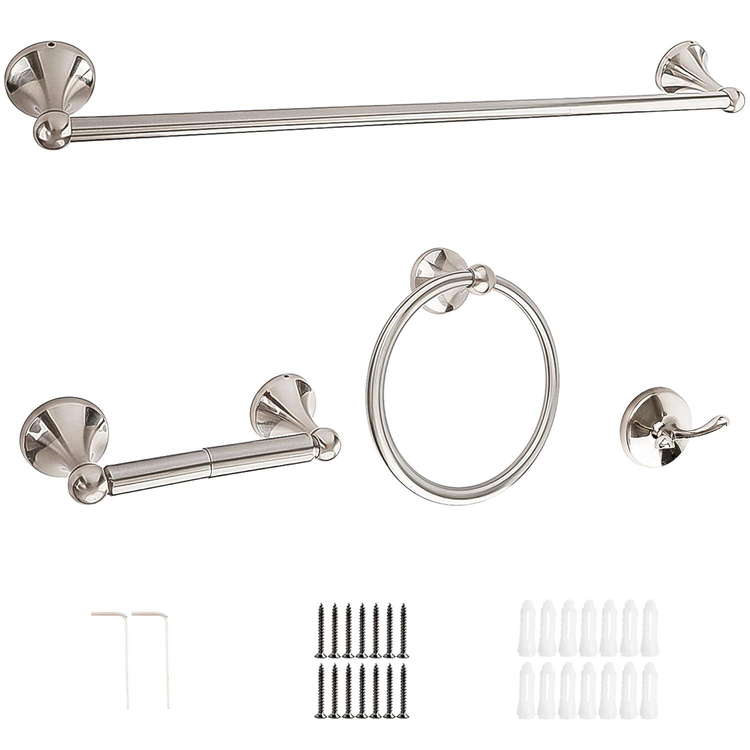 Bathroom Hardware Set with Towel Rings for Bathroom Wall – 4 Piece Bathroom Towel Holder Set – Brushed Nickel Towel Hook Set – Stainless Steel Brushed Nickel Towel Bar Set – Bathroom Towel Bar Set