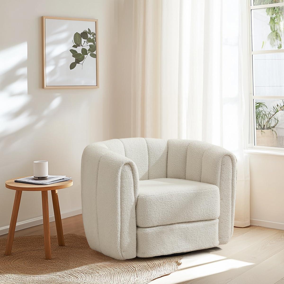 White Velvet Swivel Barrel Accent Chair with Wood Frame