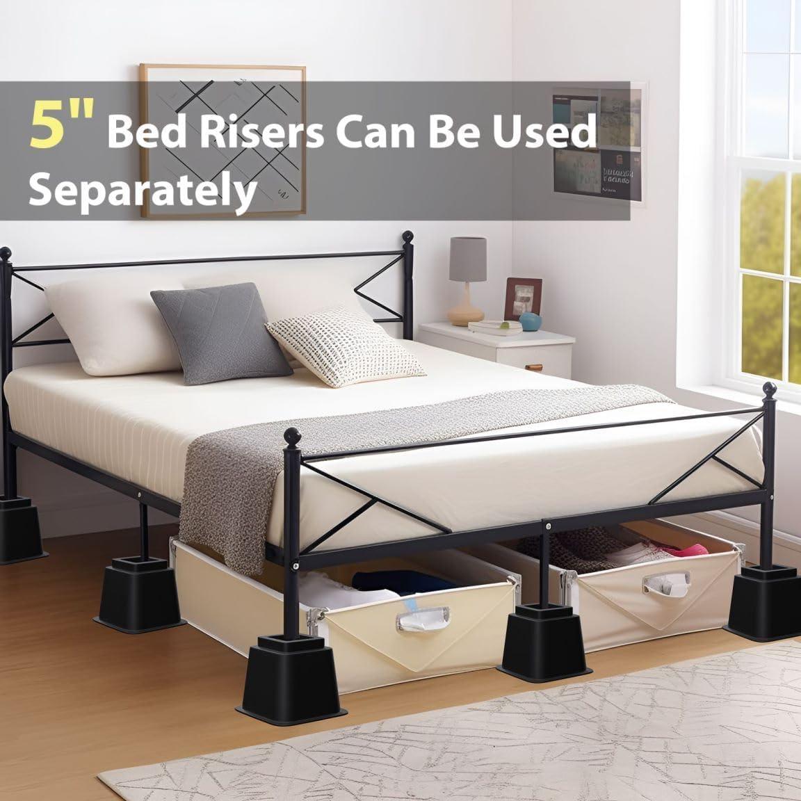 8 Pack Bed Risers, Heavy Duty Bed Furniture Risers, Adjustable Bed Elevators in Heights 3 or 5 inch, Stackable Risers for Sofa, Chair, Desk, Table Legs, Black