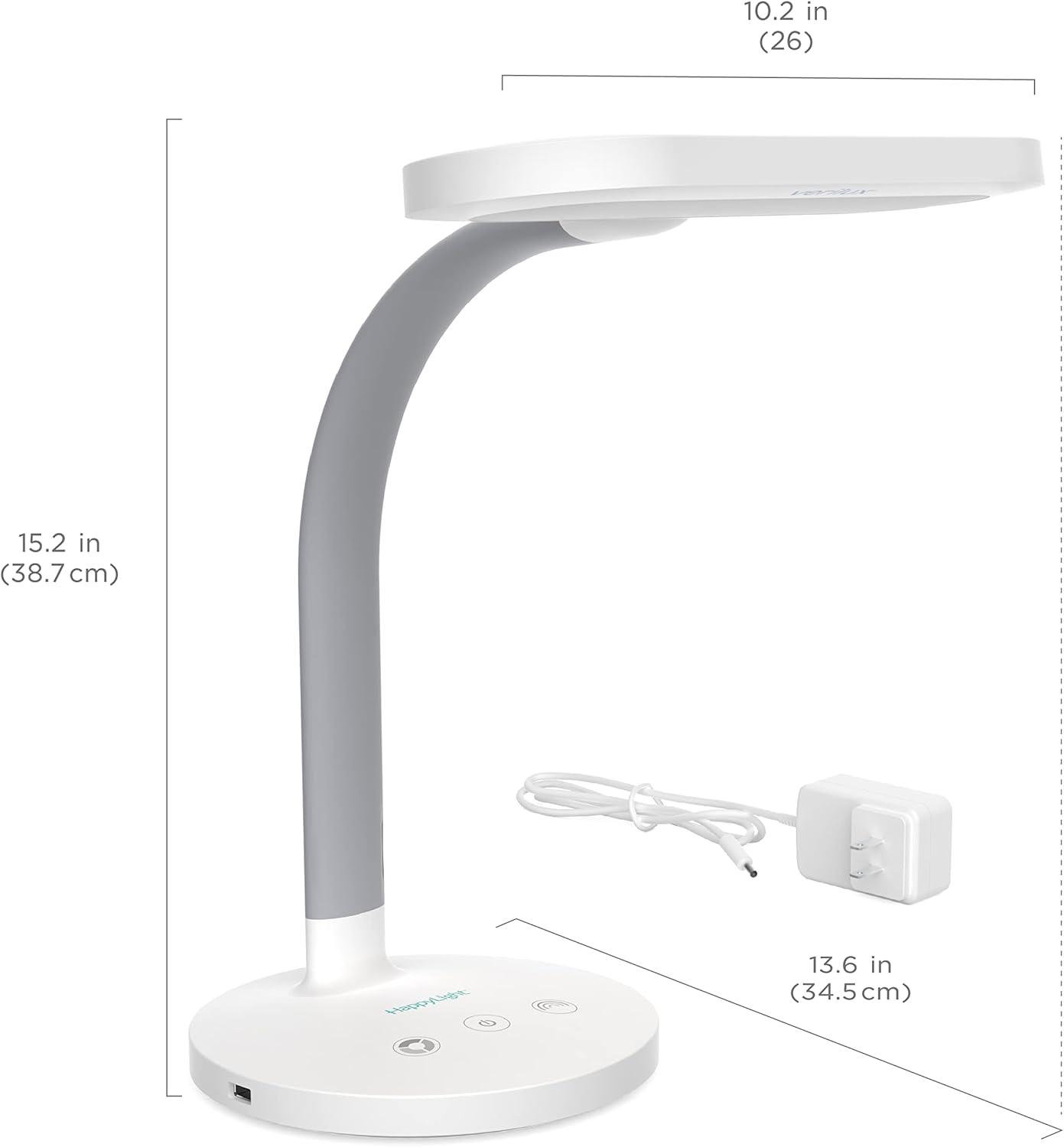 Verilux HappyLight Duo 2-in-1 Light Therapy and Task Desk Lamp White: Modern Design, USB Port, No Assembly Required