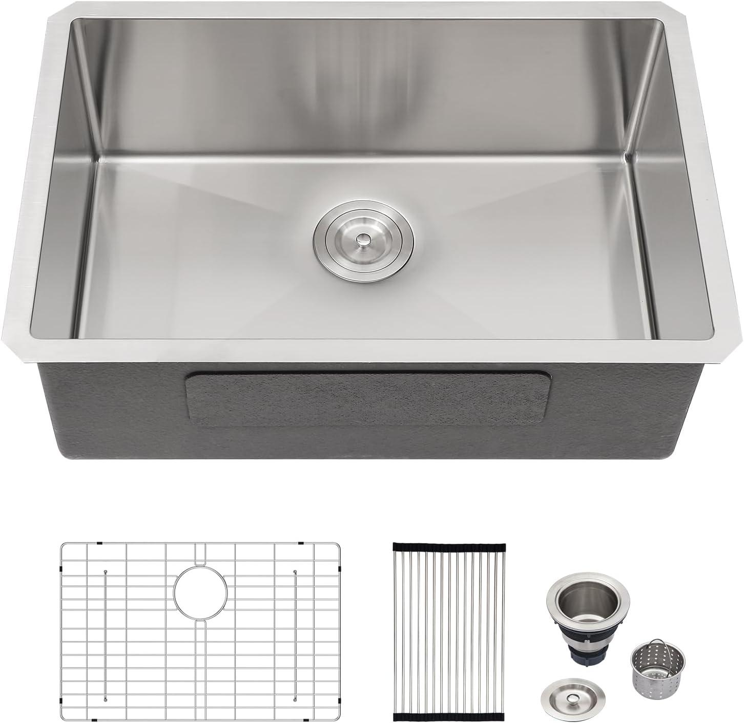 Sarlai 28'' L x 18" W Undermount Single Bowl Stainless Steel Kitchen Sink with Sink Grid and Basket Strainer SU2818R