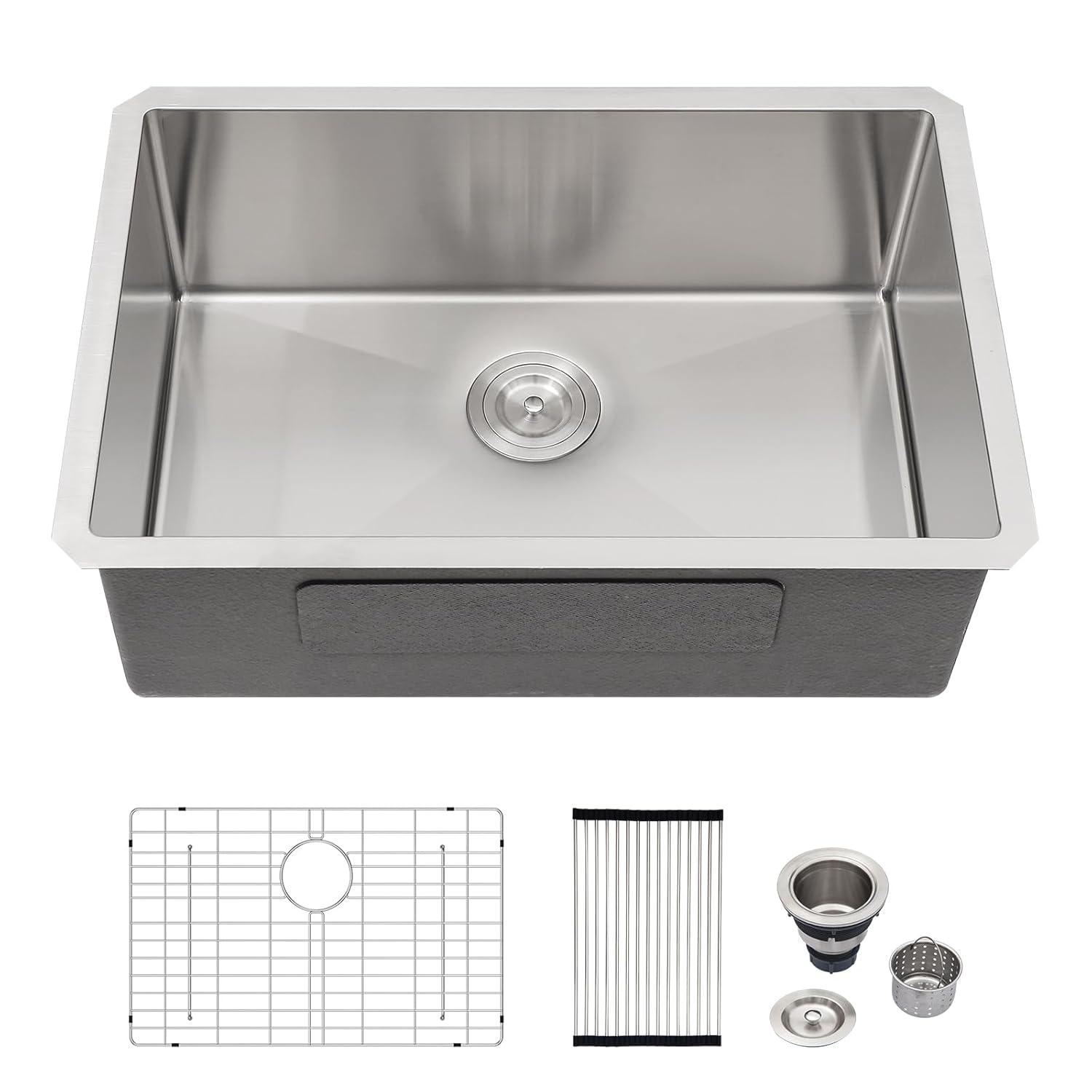 Sarlai 28'' L x 18" W Undermount Single Bowl Stainless Steel Kitchen Sink with Sink Grid and Basket Strainer SU2818R