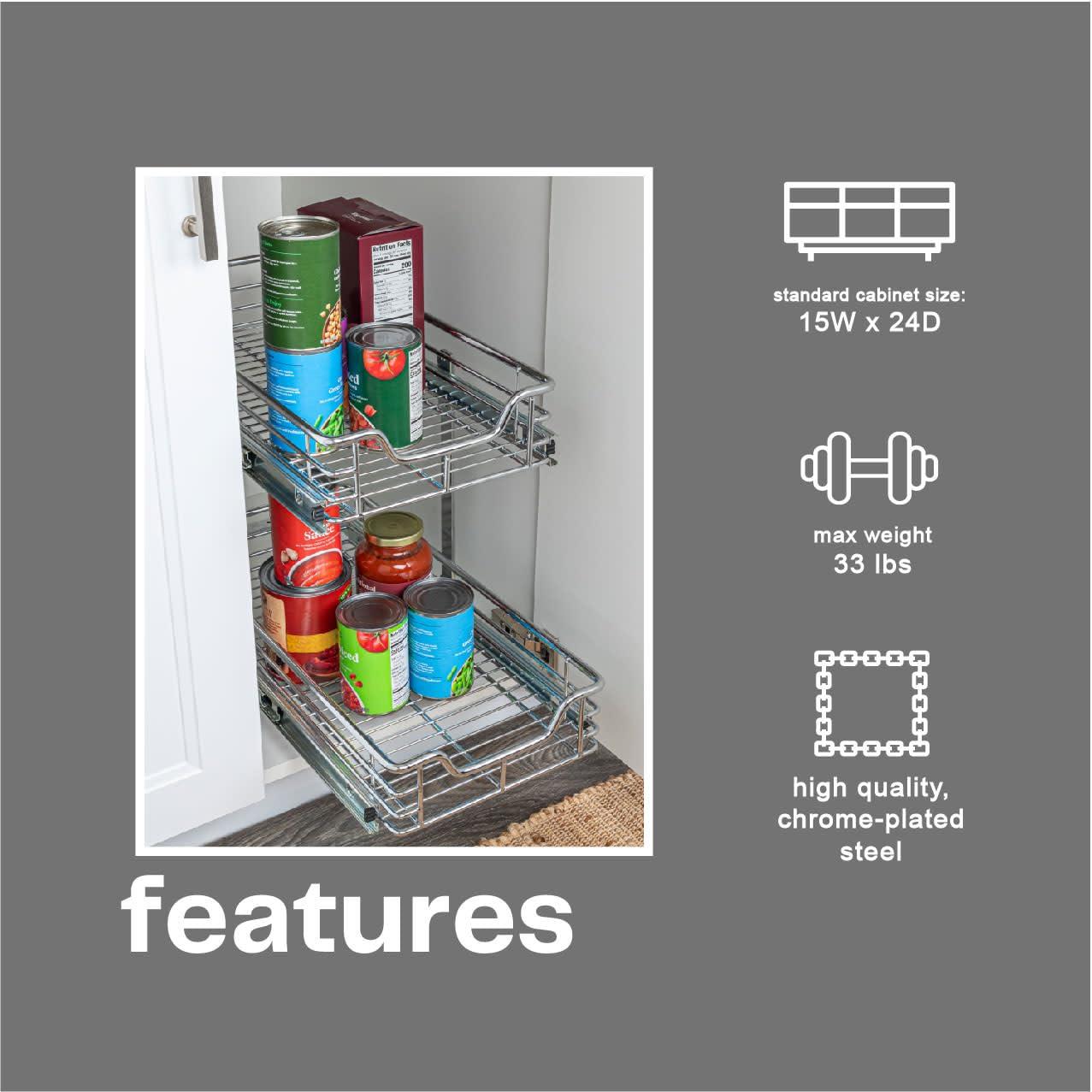 Household Essentials Glidez Multipurpose Chrome-Plated Steel Pull-Out/Slide-Out Storage Organizer for Under Cabinet Use - 2-Tier Design - Fits Standard Size Cabinet or Shelf, Chrome