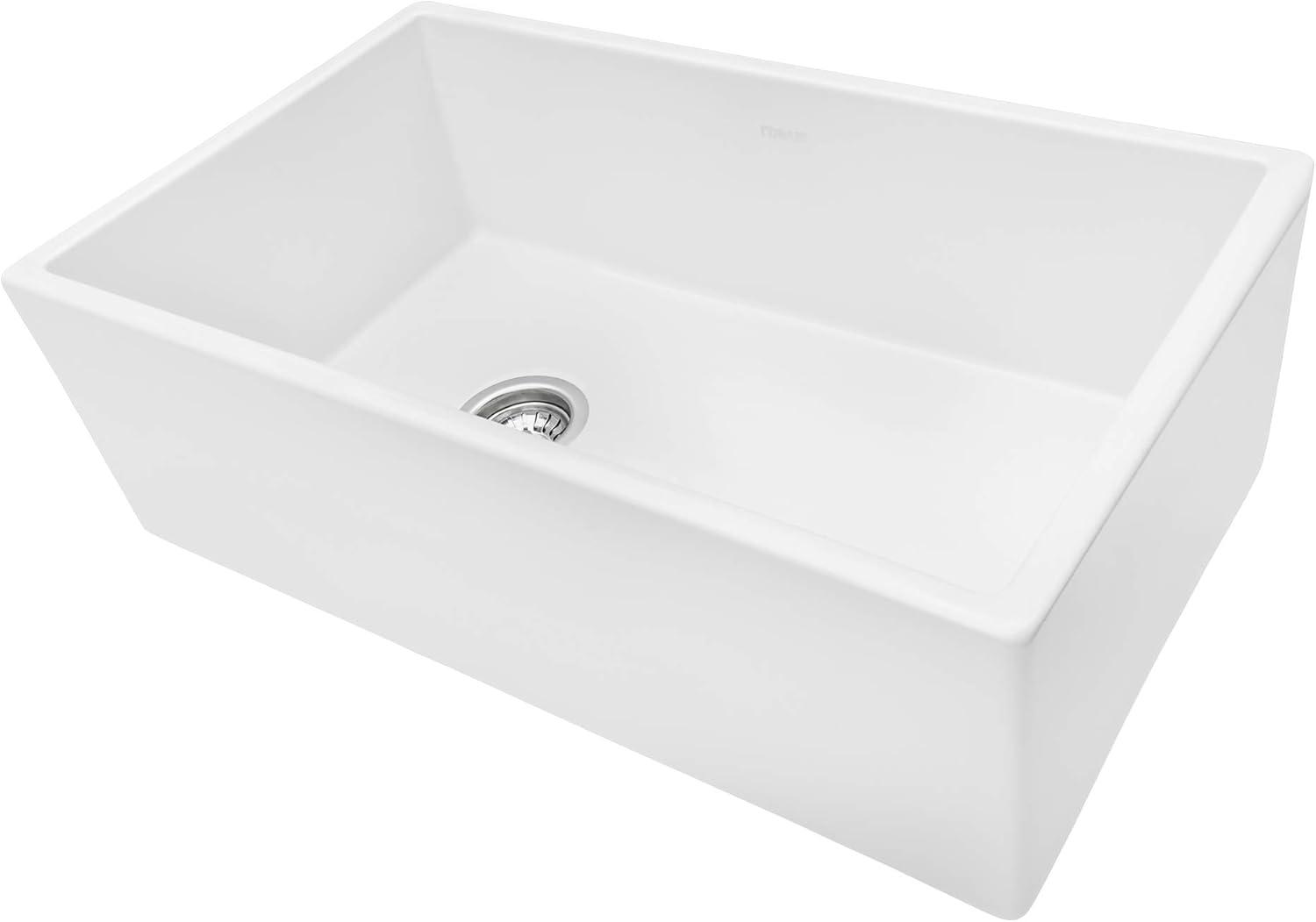 Ruvati 30-inch Fireclay Farmhouse Offset Drain Kitchen Sink Single Bowl White - Left Drain