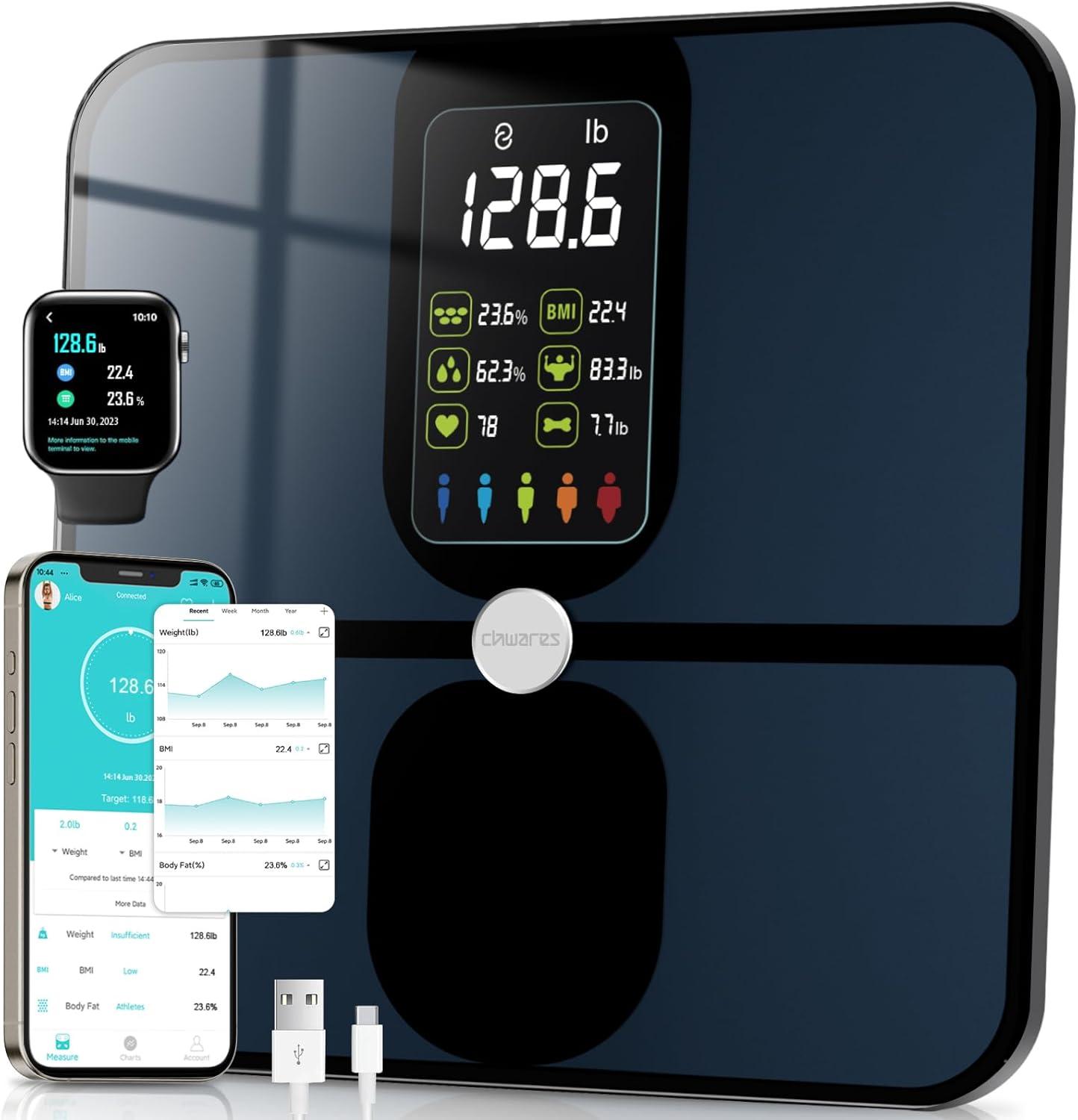 CHWARES Rechargeable Weight Scale , Scale for Body Weight with Large LCD Display, Smart Digital Scale with Body Fat 15 Metrics Body Composition Analyzer for BMI Heart Rate 400lbs, Black